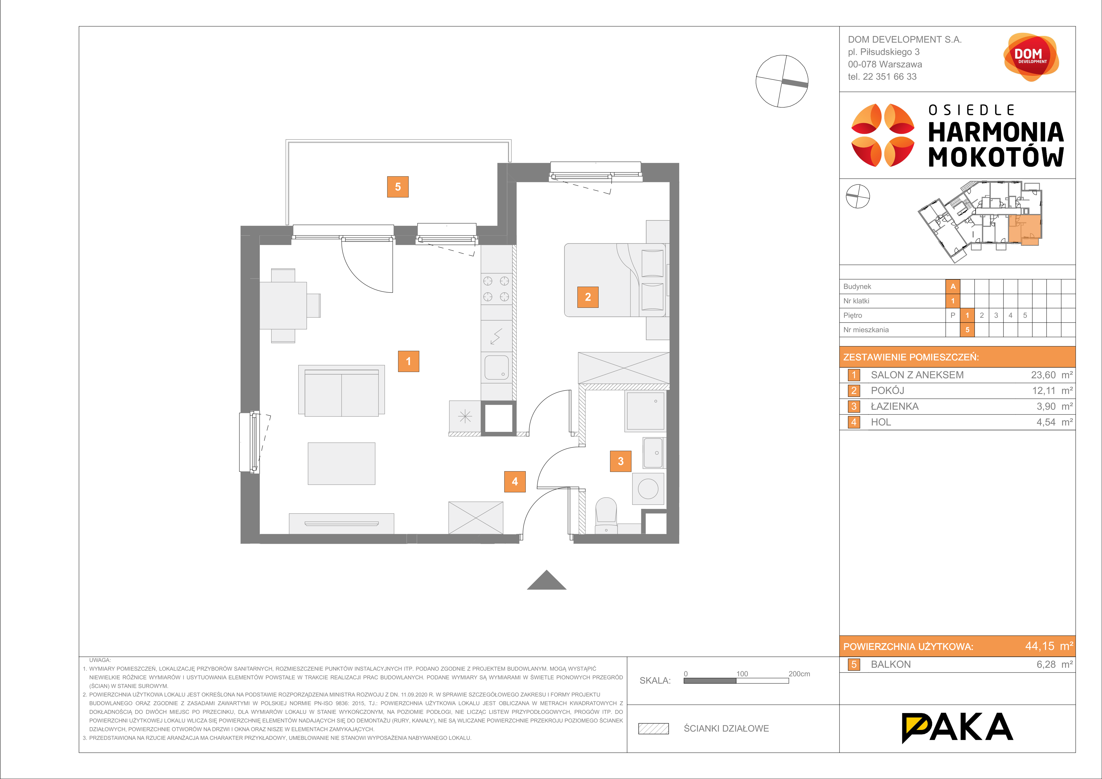 Mieszkanie 44,15 m², piętro 1, oferta nr A/5, Harmonia Mokotów, Warszawa, Mokotów, Siekierki, al. Polski Walczącej / Józefa Becka-idx