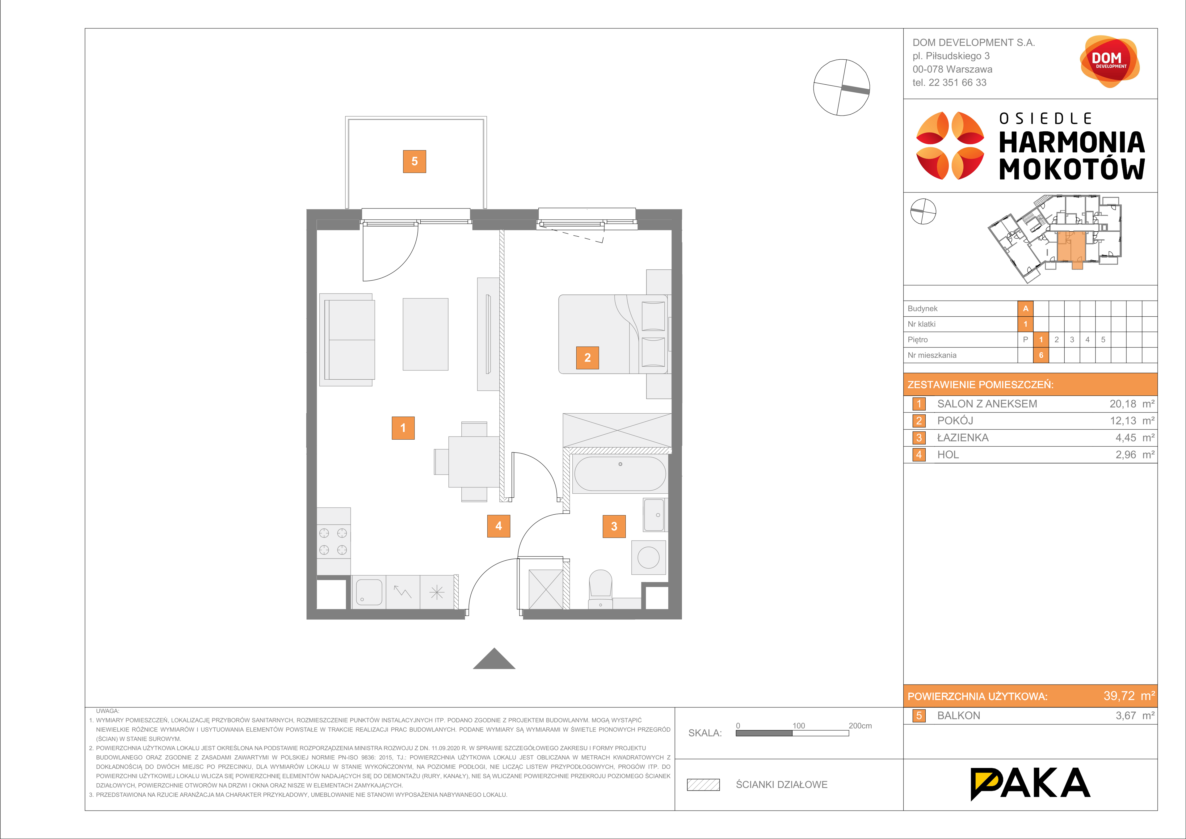 Mieszkanie 39,72 m², piętro 1, oferta nr A/6, Harmonia Mokotów, Warszawa, Mokotów, Siekierki, al. Polski Walczącej / Józefa Becka-idx