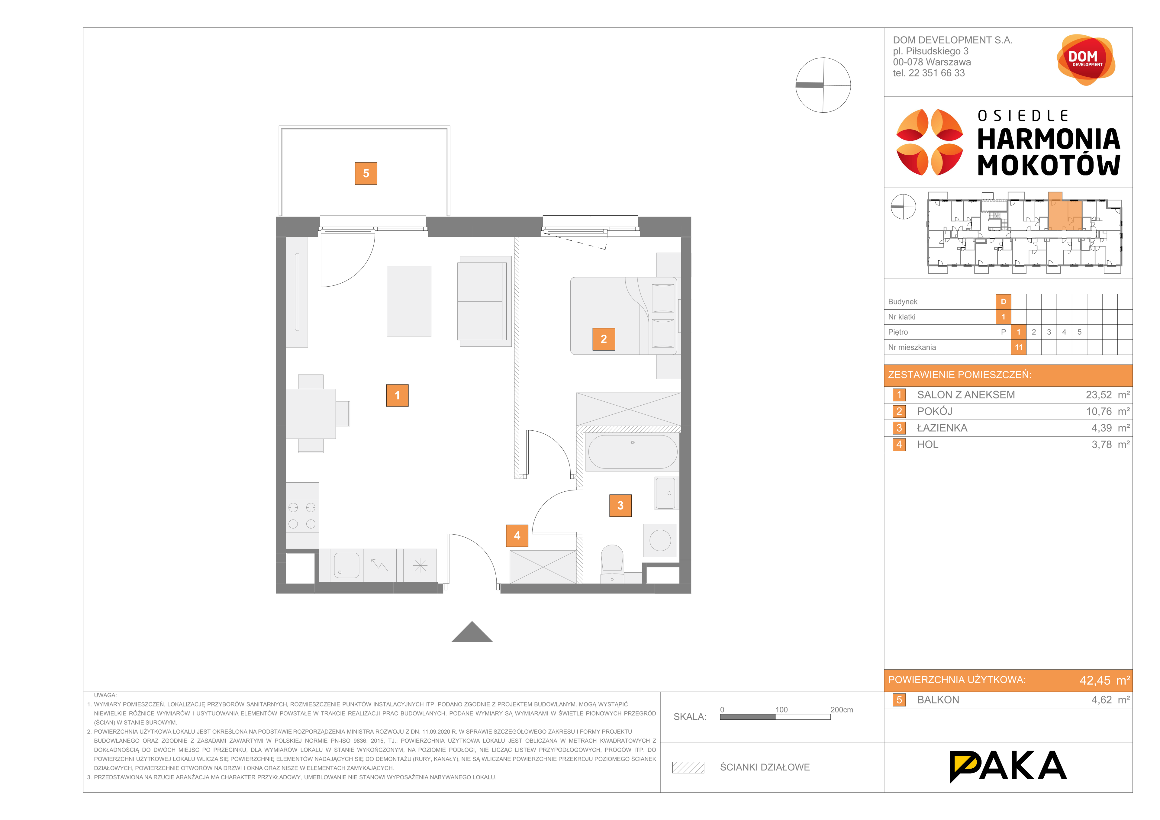 Mieszkanie 42,45 m², piętro 1, oferta nr D/11, Harmonia Mokotów, Warszawa, Mokotów, Siekierki, al. Polski Walczącej / Józefa Becka-idx