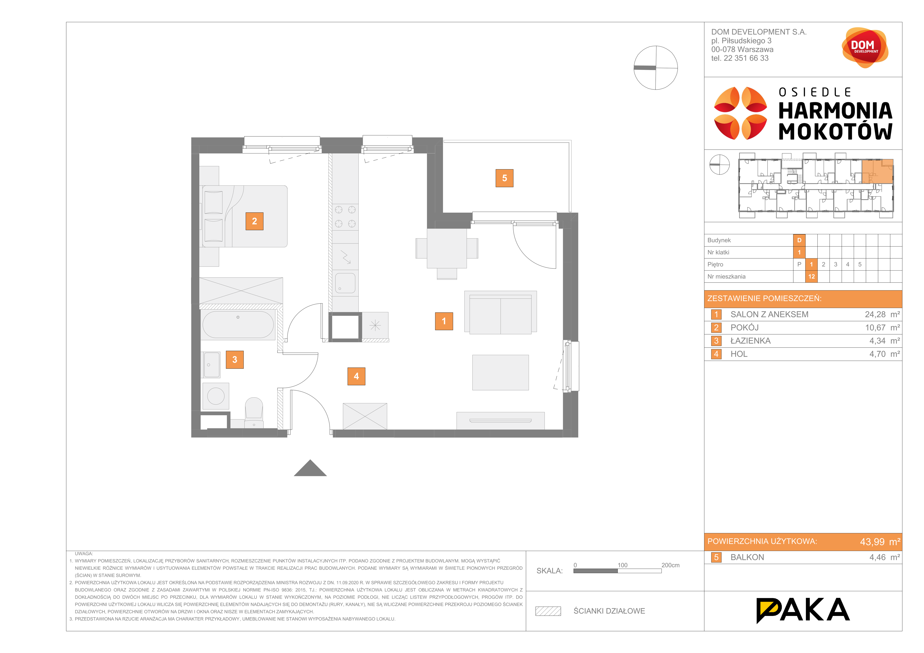 Mieszkanie 43,99 m², piętro 1, oferta nr D/12, Harmonia Mokotów, Warszawa, Mokotów, Siekierki, al. Polski Walczącej / Józefa Becka-idx