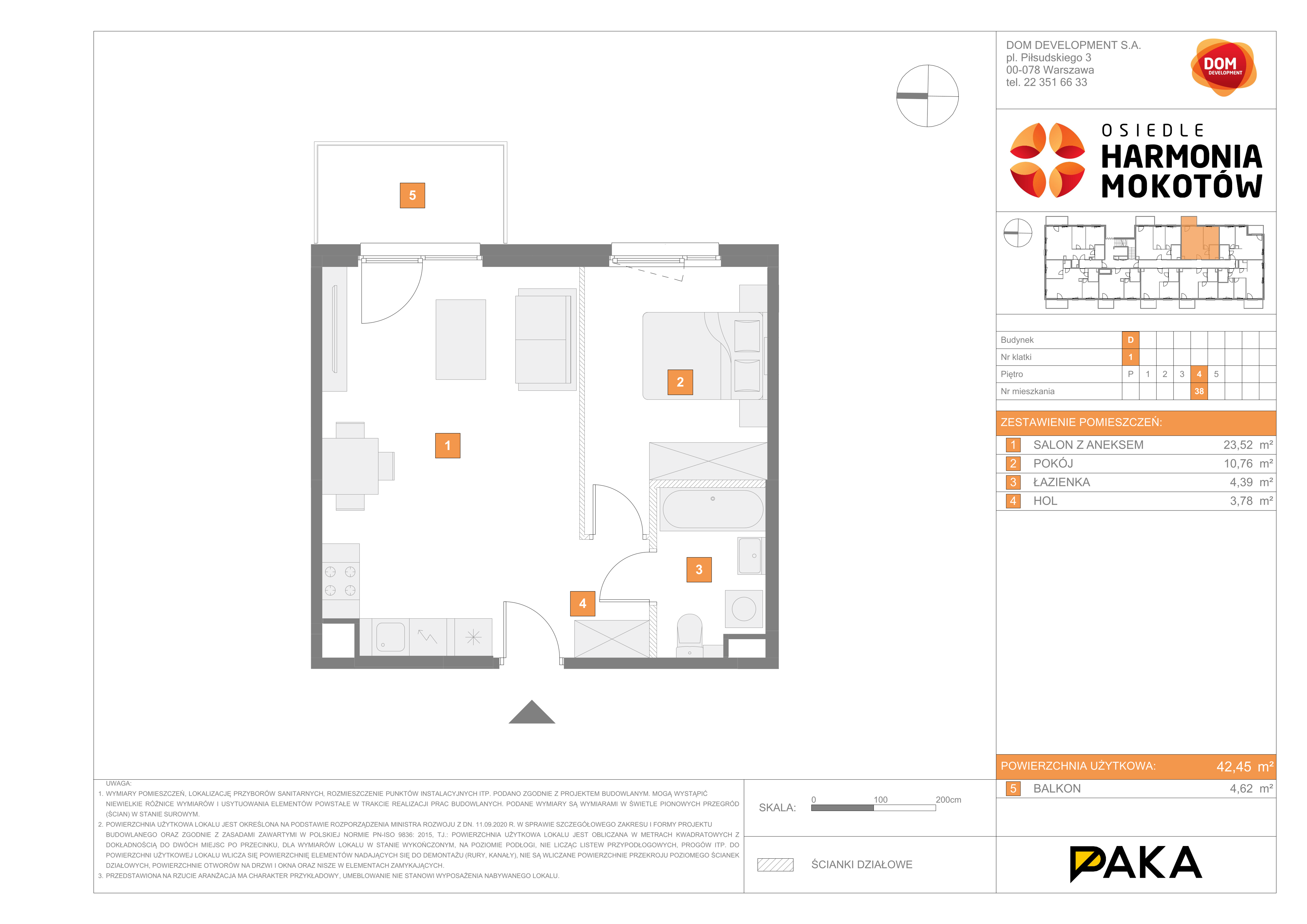 Mieszkanie 42,45 m², piętro 4, oferta nr D/38, Harmonia Mokotów, Warszawa, Mokotów, Siekierki, al. Polski Walczącej / Józefa Becka-idx