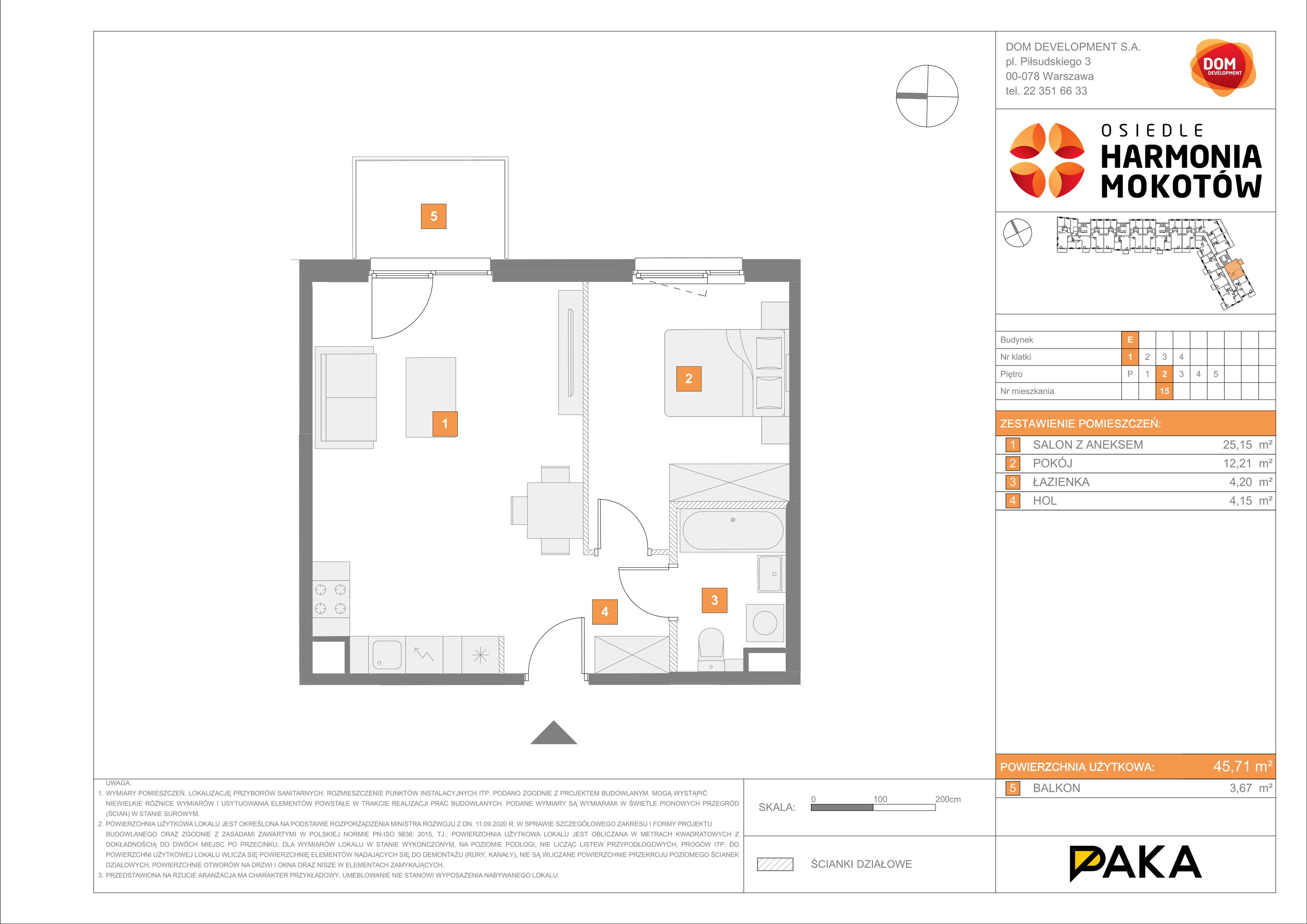 Mieszkanie 45,71 m², piętro 2, oferta nr E/15, Harmonia Mokotów, Warszawa, Mokotów, Siekierki, al. Polski Walczącej / Józefa Becka-idx