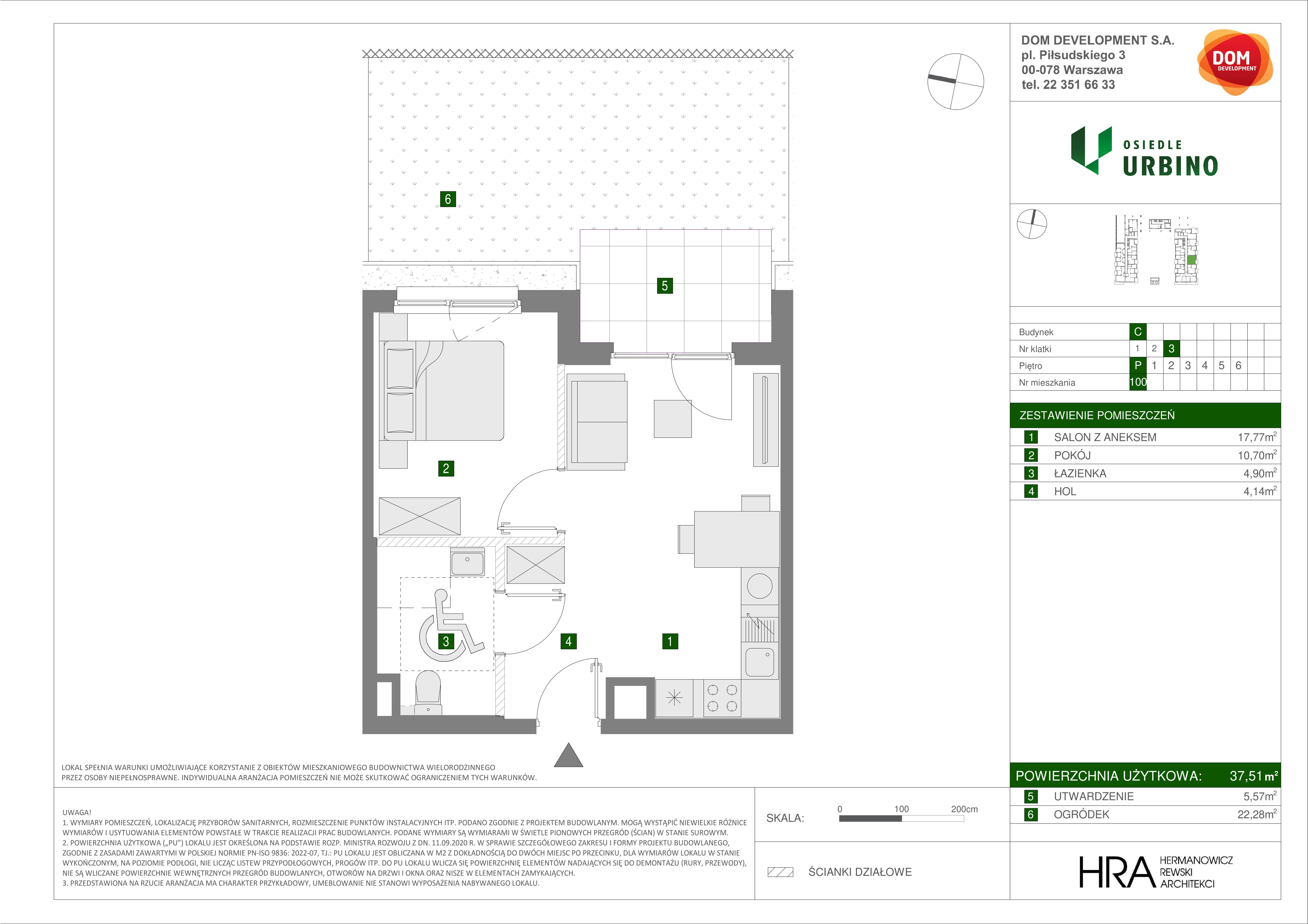 Mieszkanie 37,51 m², parter, oferta nr C/100, Osiedle Urbino 1.3, Warszawa, Włochy, Raków, ul. Równoległa 16-idx