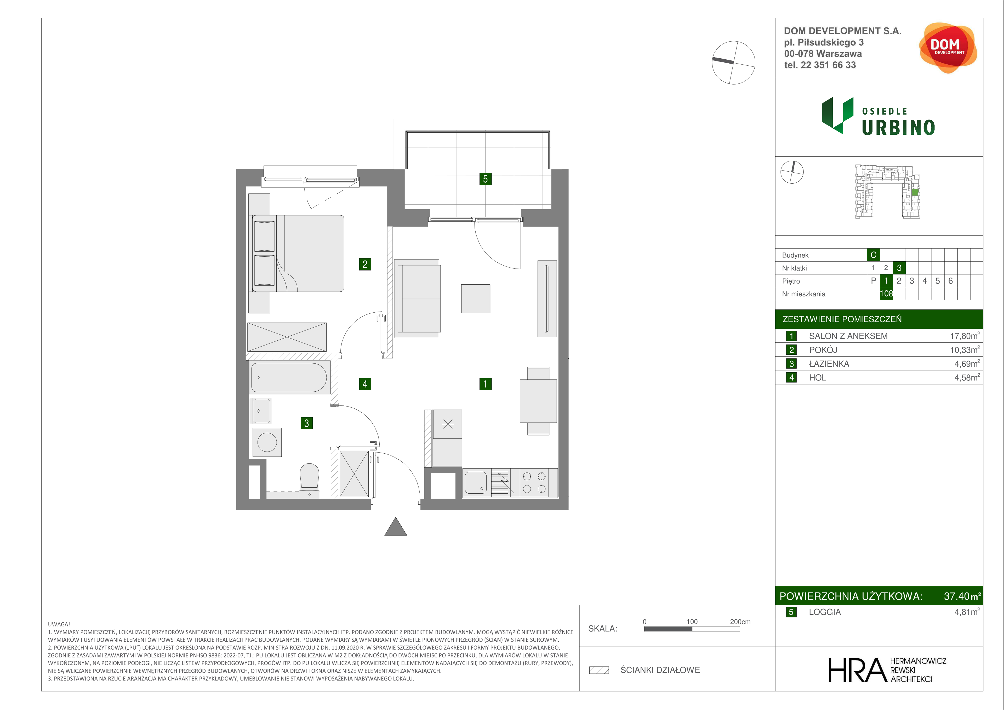 Mieszkanie 37,40 m², piętro 1, oferta nr C/108, Osiedle Urbino 1.3, Warszawa, Włochy, Raków, ul. Równoległa 16-idx