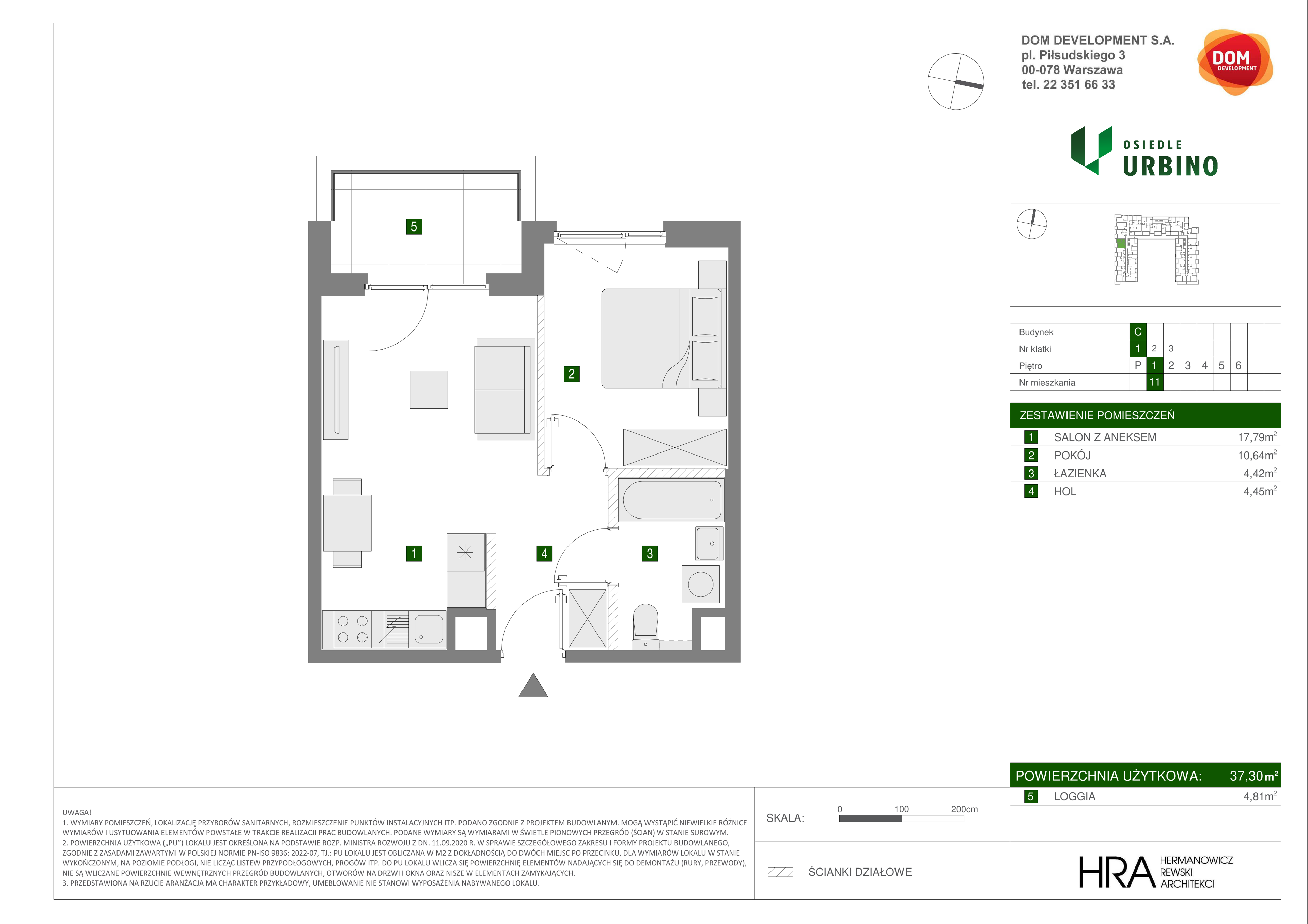 Mieszkanie 37,30 m², piętro 1, oferta nr C/11, Osiedle Urbino 1.3, Warszawa, Włochy, Raków, ul. Równoległa 16-idx