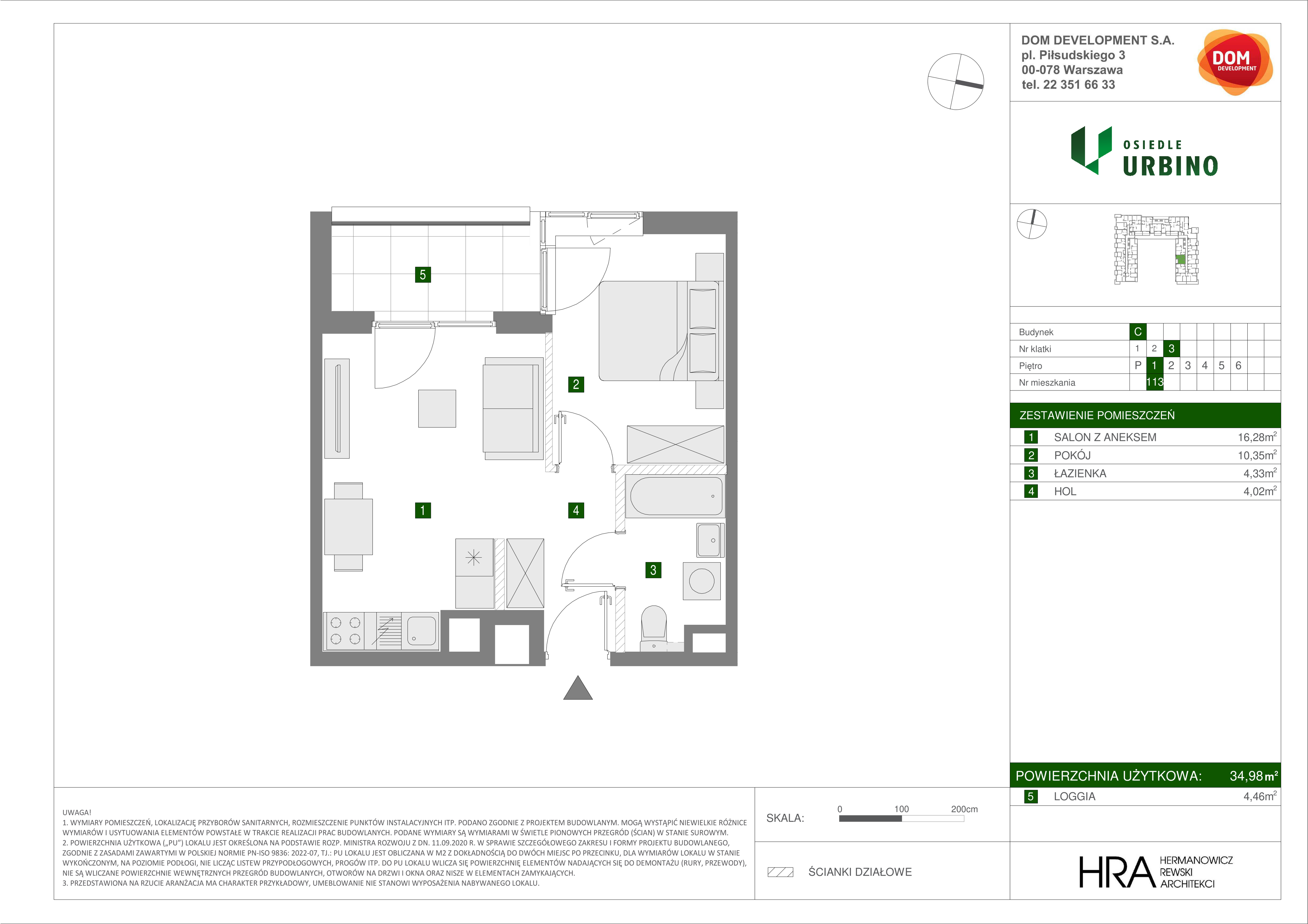 Mieszkanie 34,98 m², piętro 1, oferta nr C/113, Osiedle Urbino 1.3, Warszawa, Włochy, Raków, ul. Równoległa 16-idx