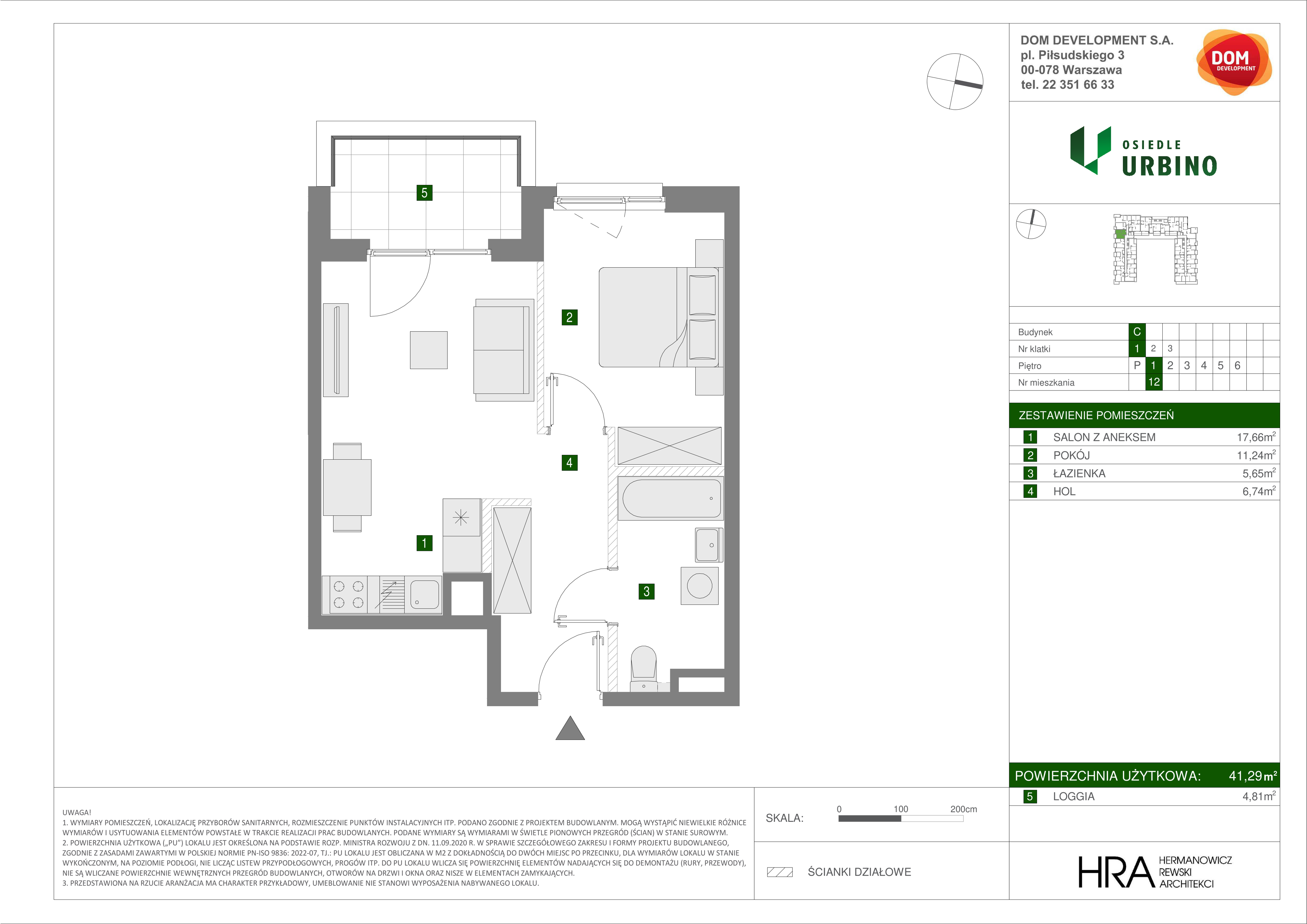 Mieszkanie 41,29 m², piętro 1, oferta nr C/12, Osiedle Urbino 1.3, Warszawa, Włochy, Raków, ul. Równoległa 16-idx