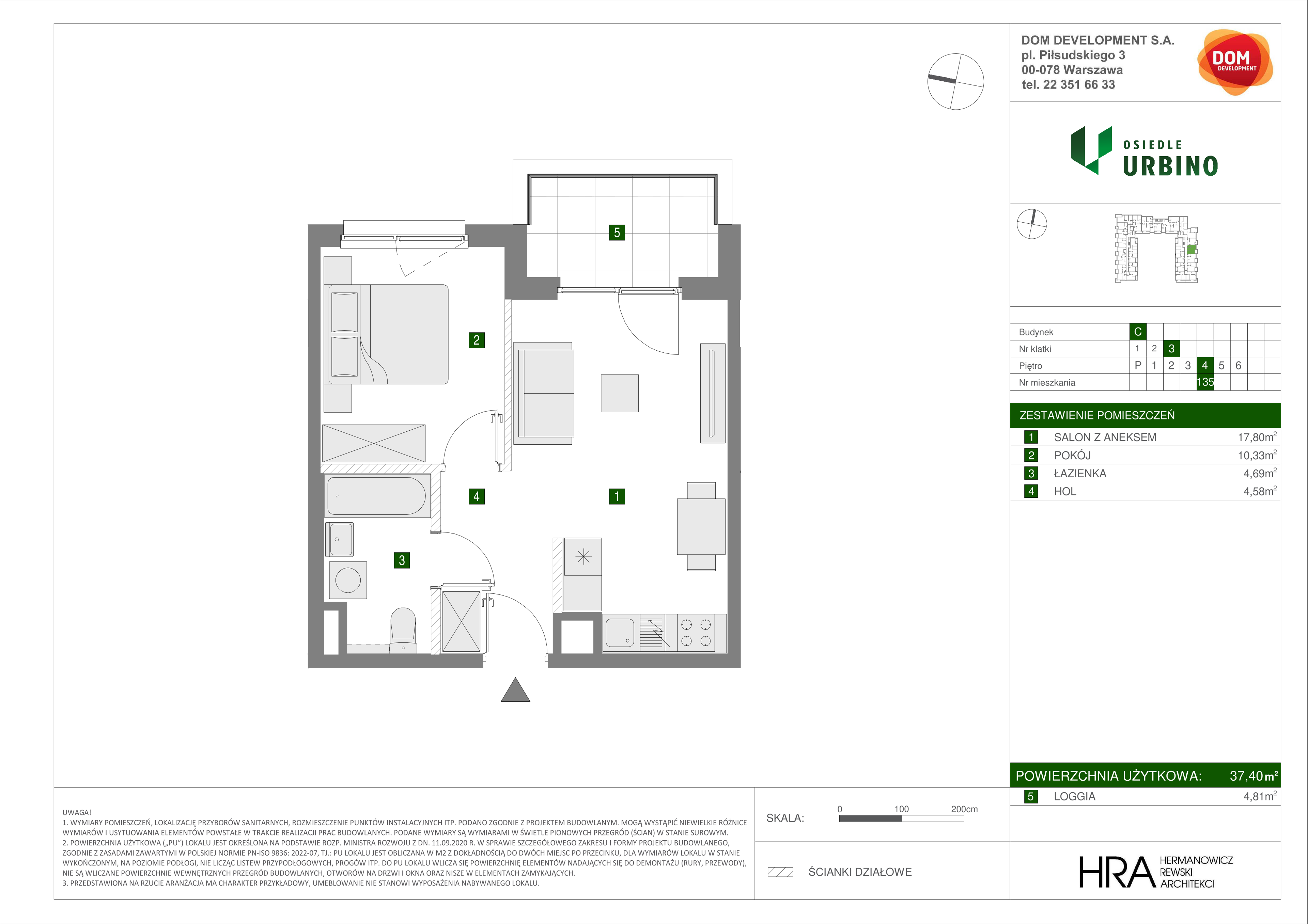 Mieszkanie 37,40 m², piętro 4, oferta nr C/135, Osiedle Urbino 1.3, Warszawa, Włochy, Raków, ul. Równoległa 16-idx