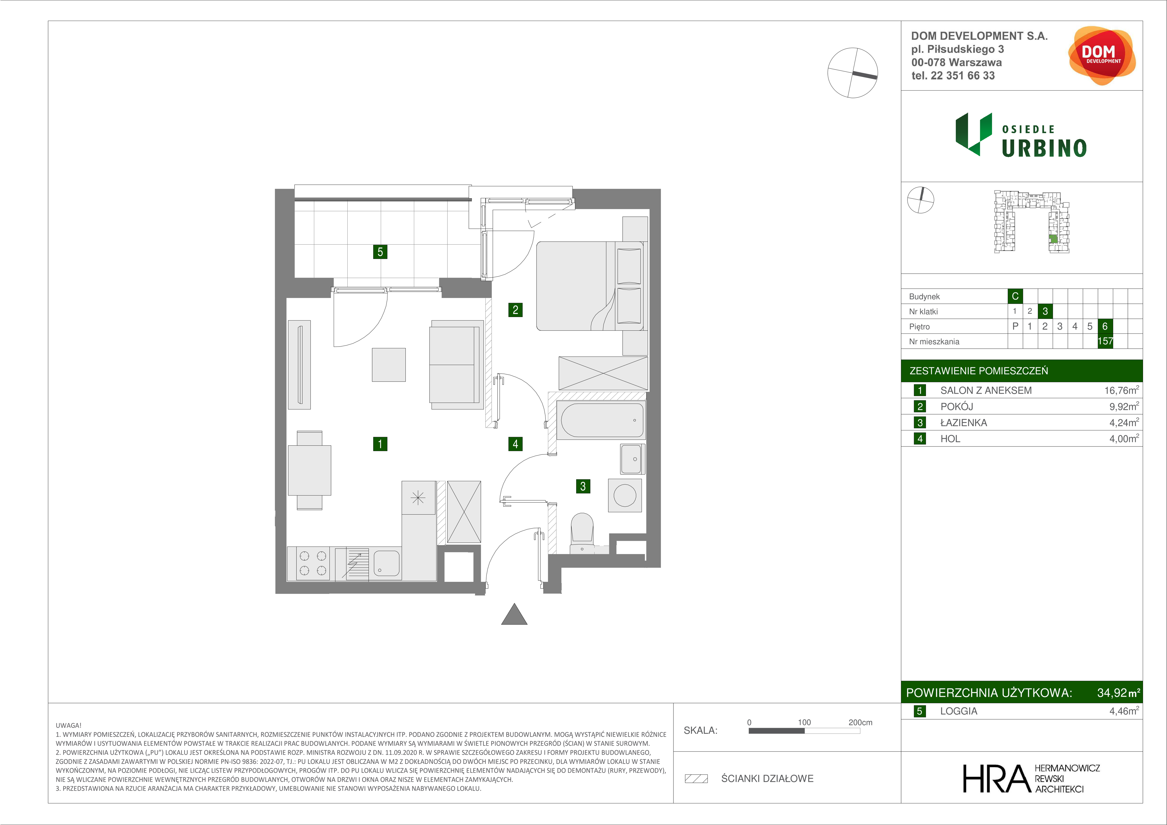 Mieszkanie 34,92 m², piętro 6, oferta nr C/157, Osiedle Urbino 1.3, Warszawa, Włochy, Raków, ul. Równoległa 16-idx