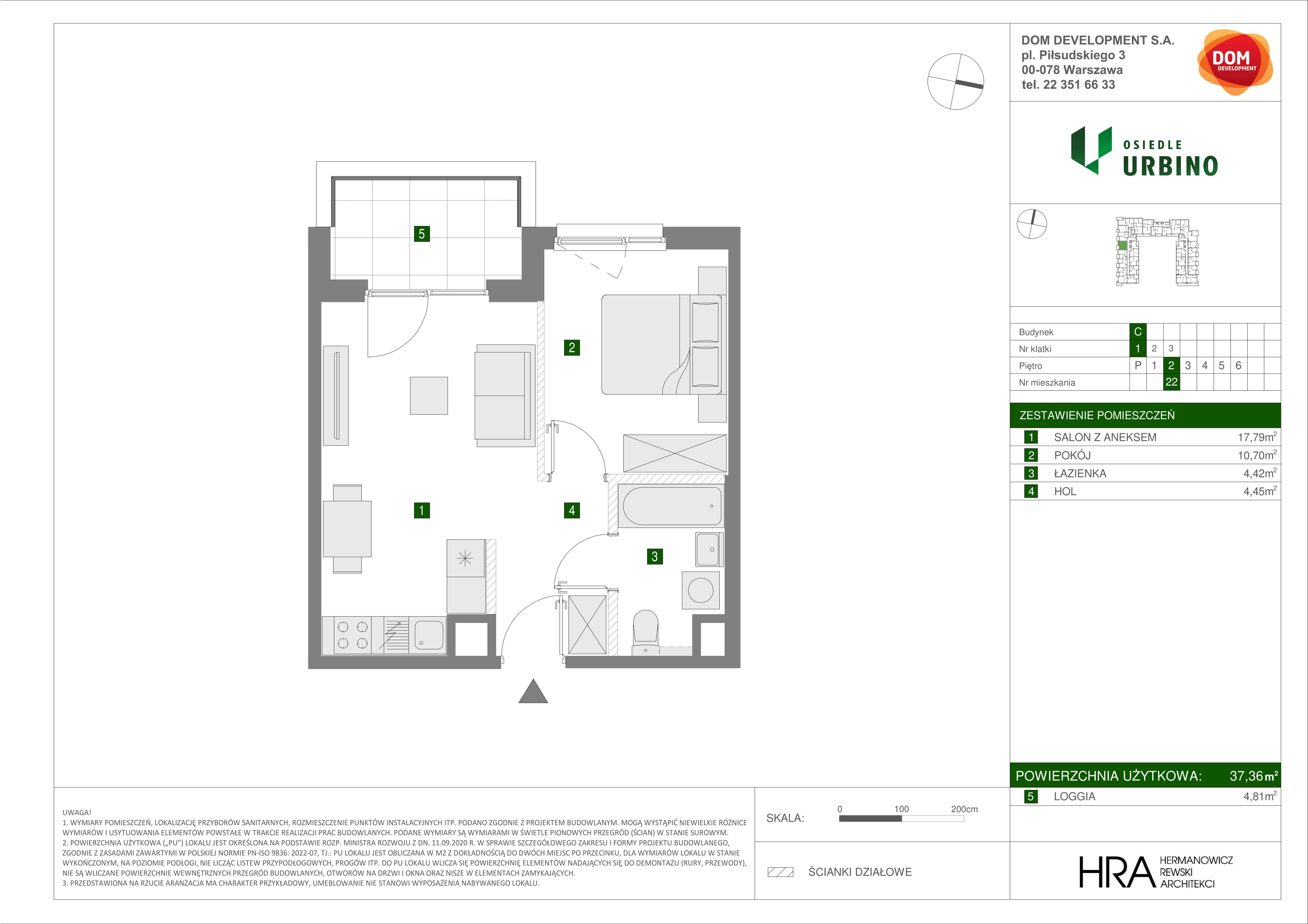 Mieszkanie 37,36 m², piętro 2, oferta nr C/22, Osiedle Urbino 1.3, Warszawa, Włochy, Raków, ul. Równoległa 16-idx