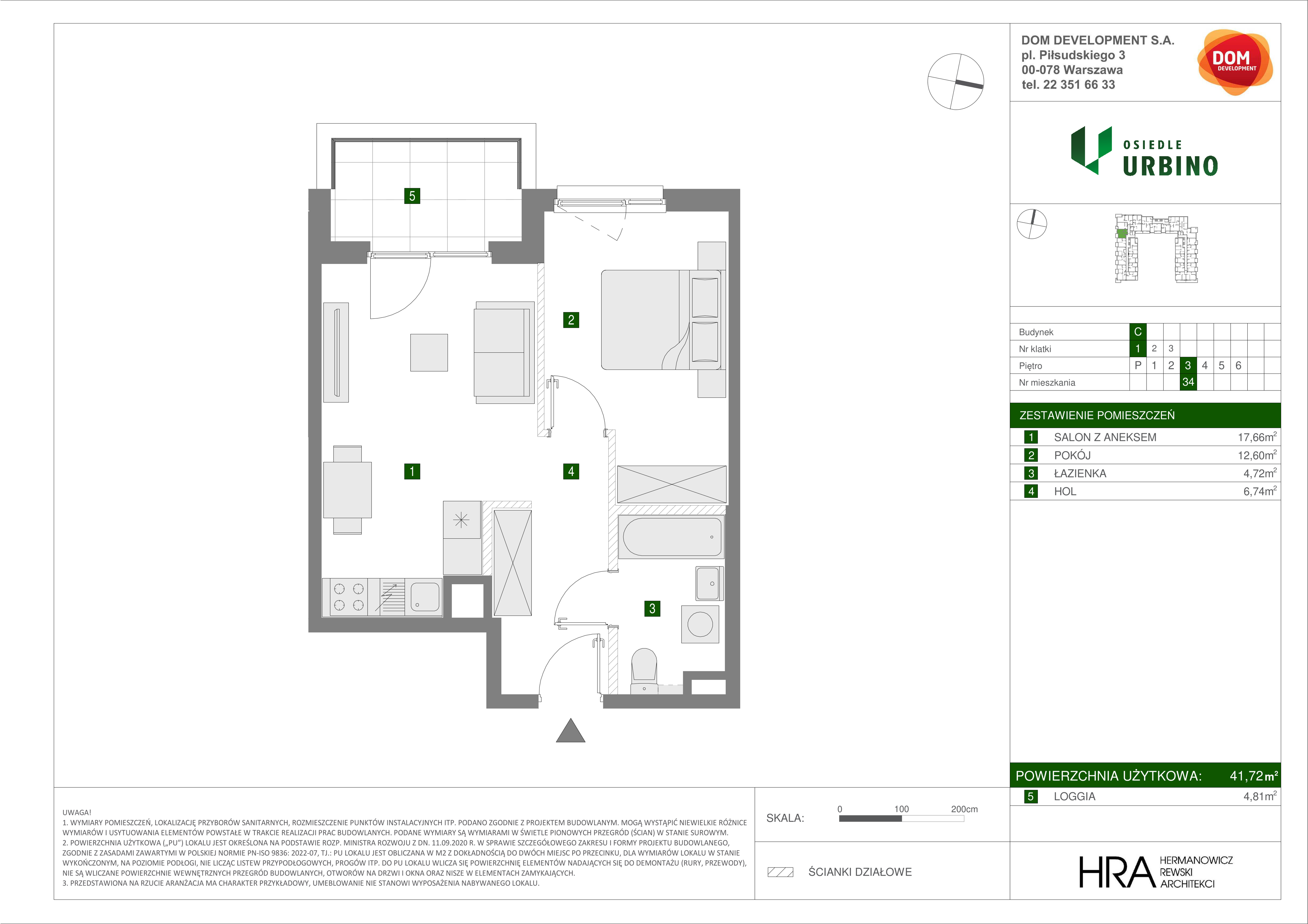 Mieszkanie 41,72 m², piętro 3, oferta nr C/34, Osiedle Urbino 1.3, Warszawa, Włochy, Raków, ul. Równoległa 16-idx