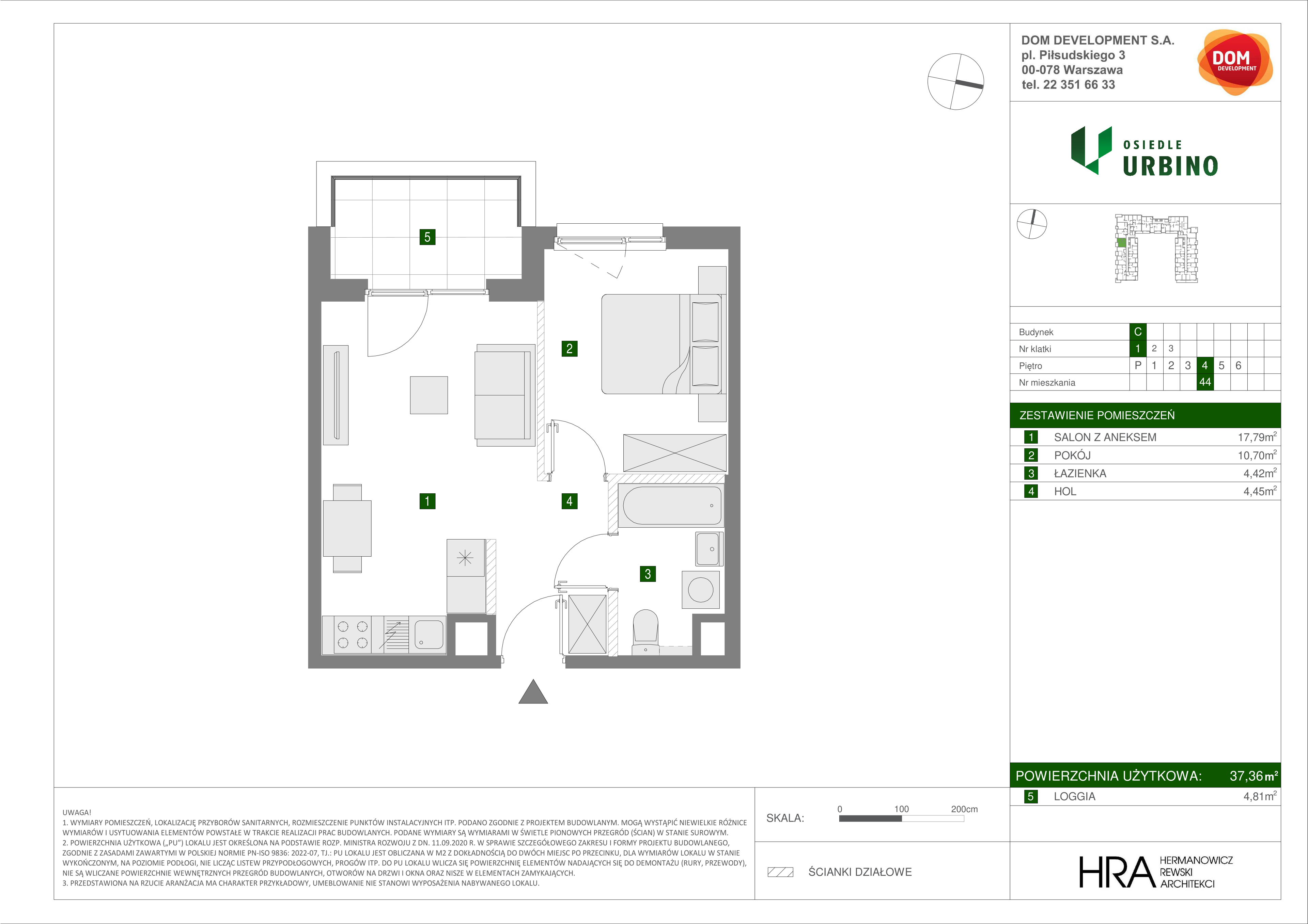 Mieszkanie 37,36 m², piętro 4, oferta nr C/44, Osiedle Urbino 1.3, Warszawa, Włochy, Raków, ul. Równoległa 16-idx