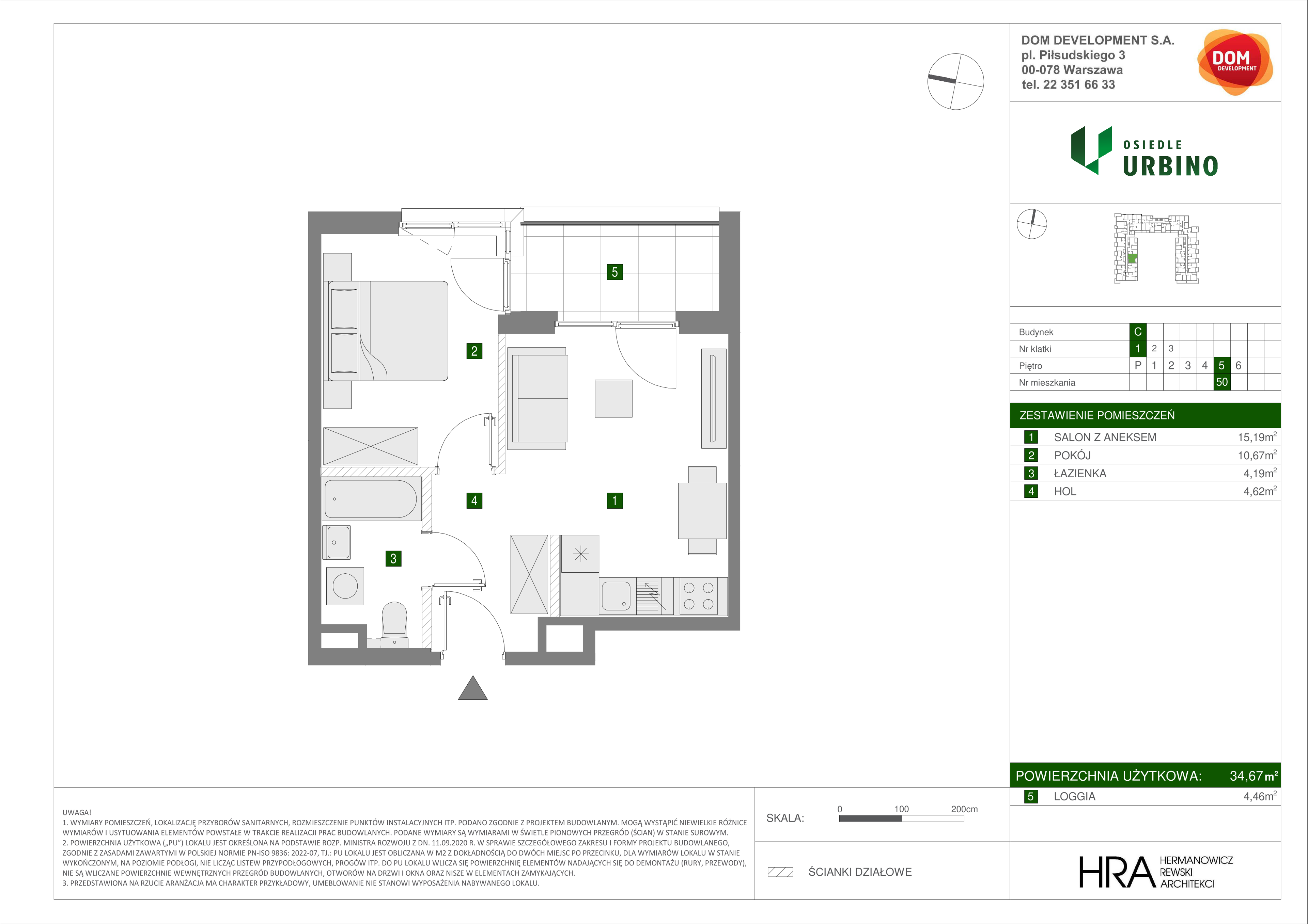 Mieszkanie 34,67 m², piętro 5, oferta nr C/50, Osiedle Urbino 1.3, Warszawa, Włochy, Raków, ul. Równoległa 16-idx