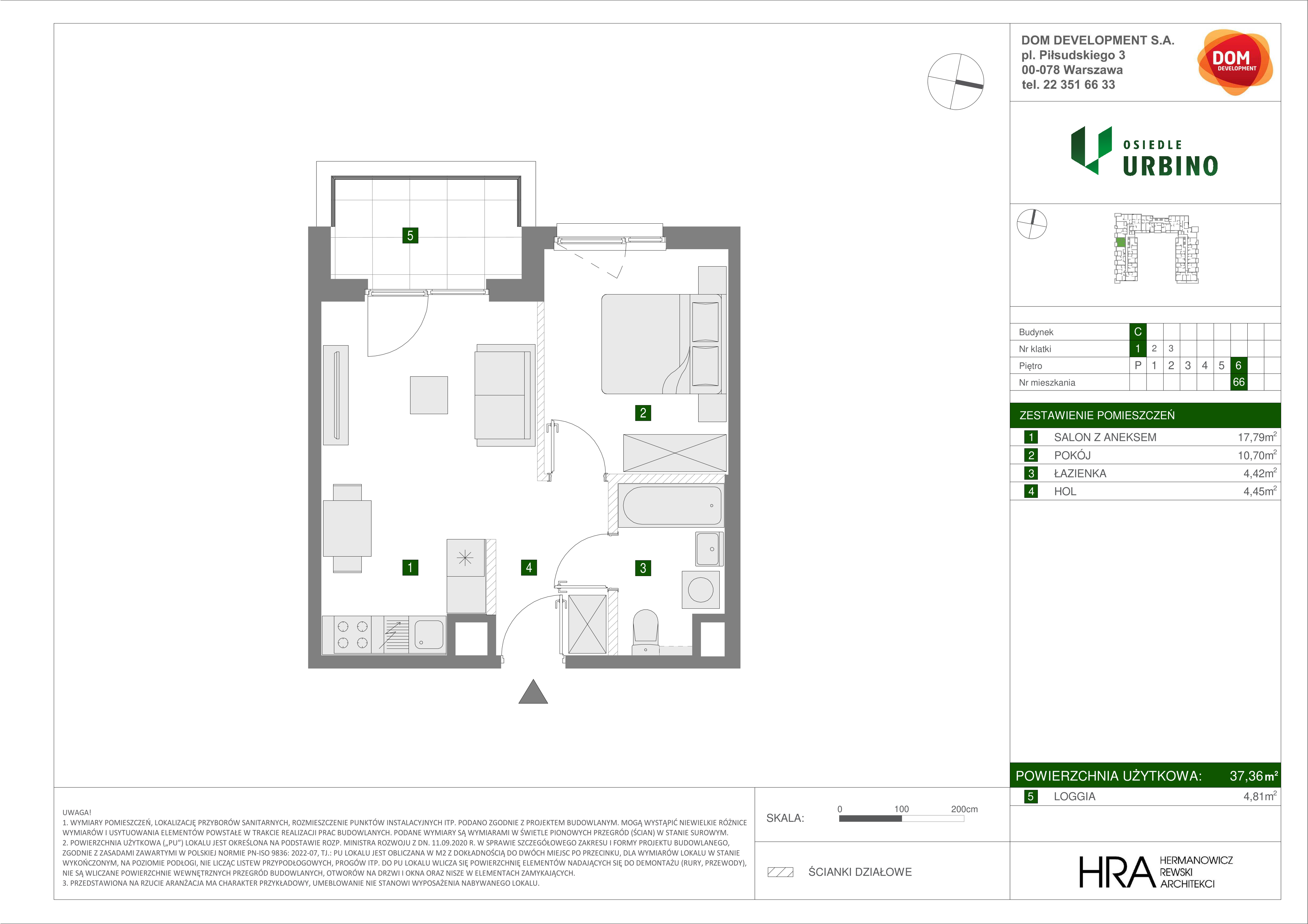 Mieszkanie 37,36 m², piętro 6, oferta nr C/66, Osiedle Urbino 1.3, Warszawa, Włochy, Raków, ul. Równoległa 16-idx