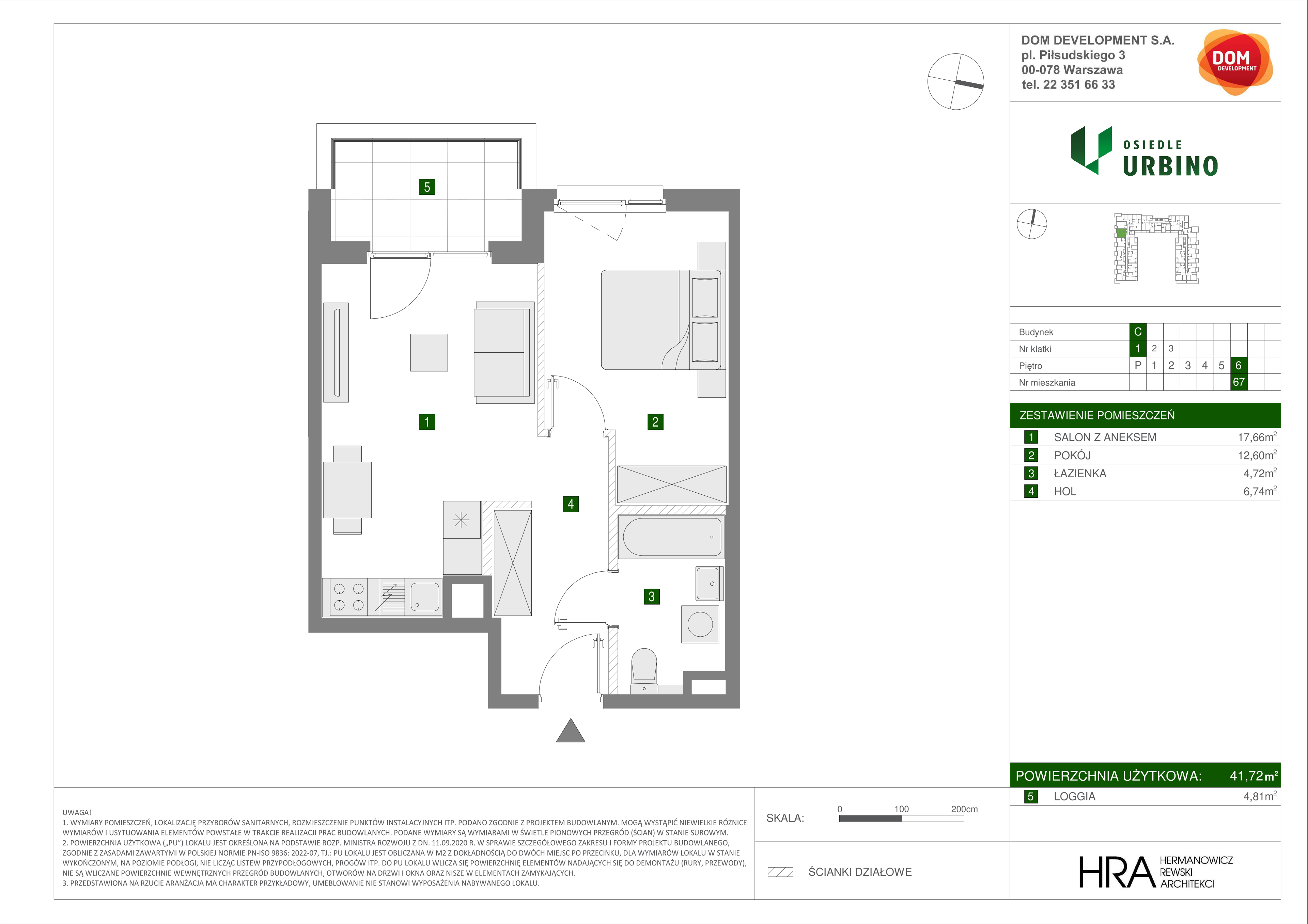 Mieszkanie 41,72 m², piętro 6, oferta nr C/67, Osiedle Urbino 1.3, Warszawa, Włochy, Raków, ul. Równoległa 16-idx