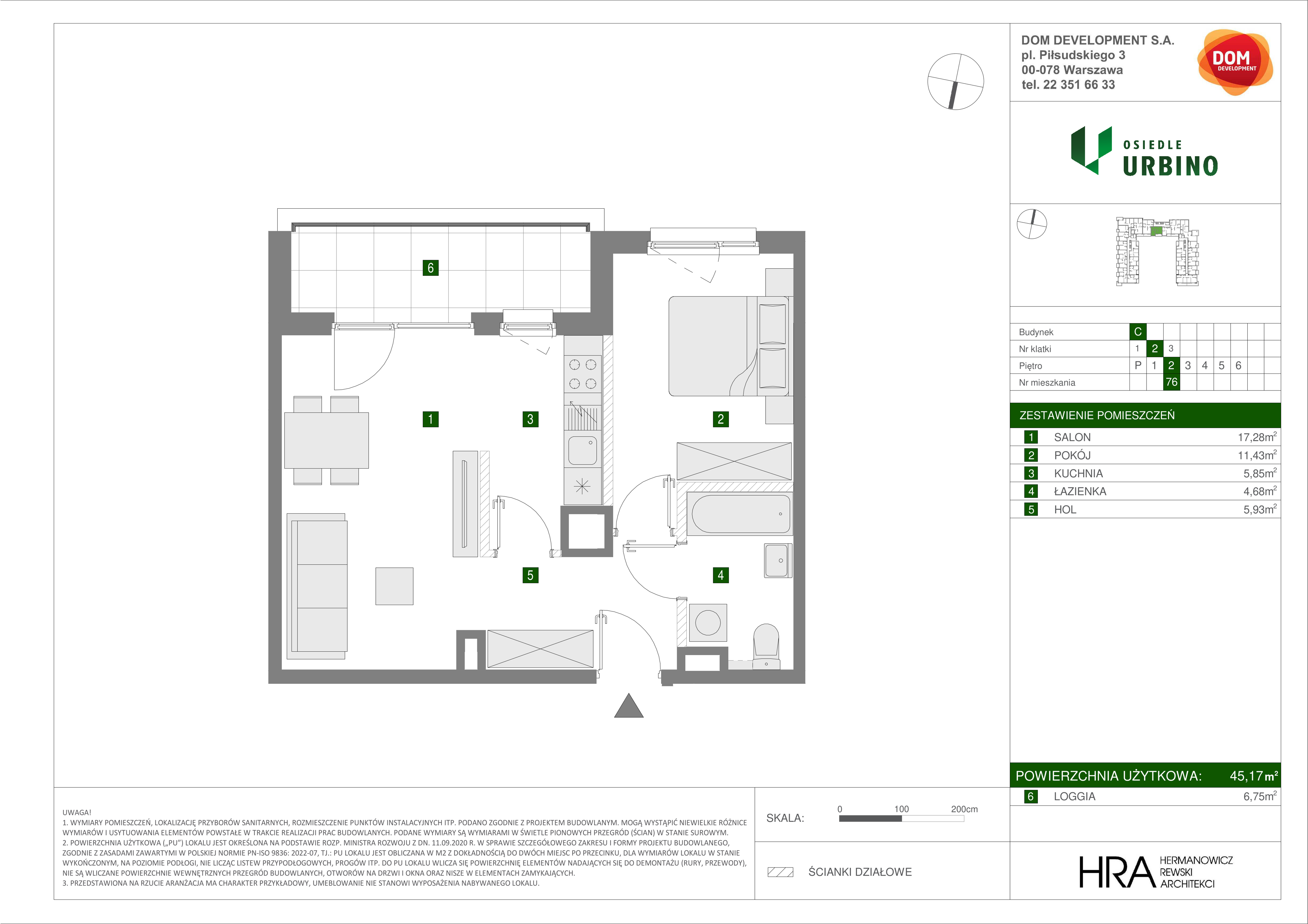 Mieszkanie 45,17 m², piętro 2, oferta nr C/76, Osiedle Urbino 1.3, Warszawa, Włochy, Raków, ul. Równoległa 16-idx