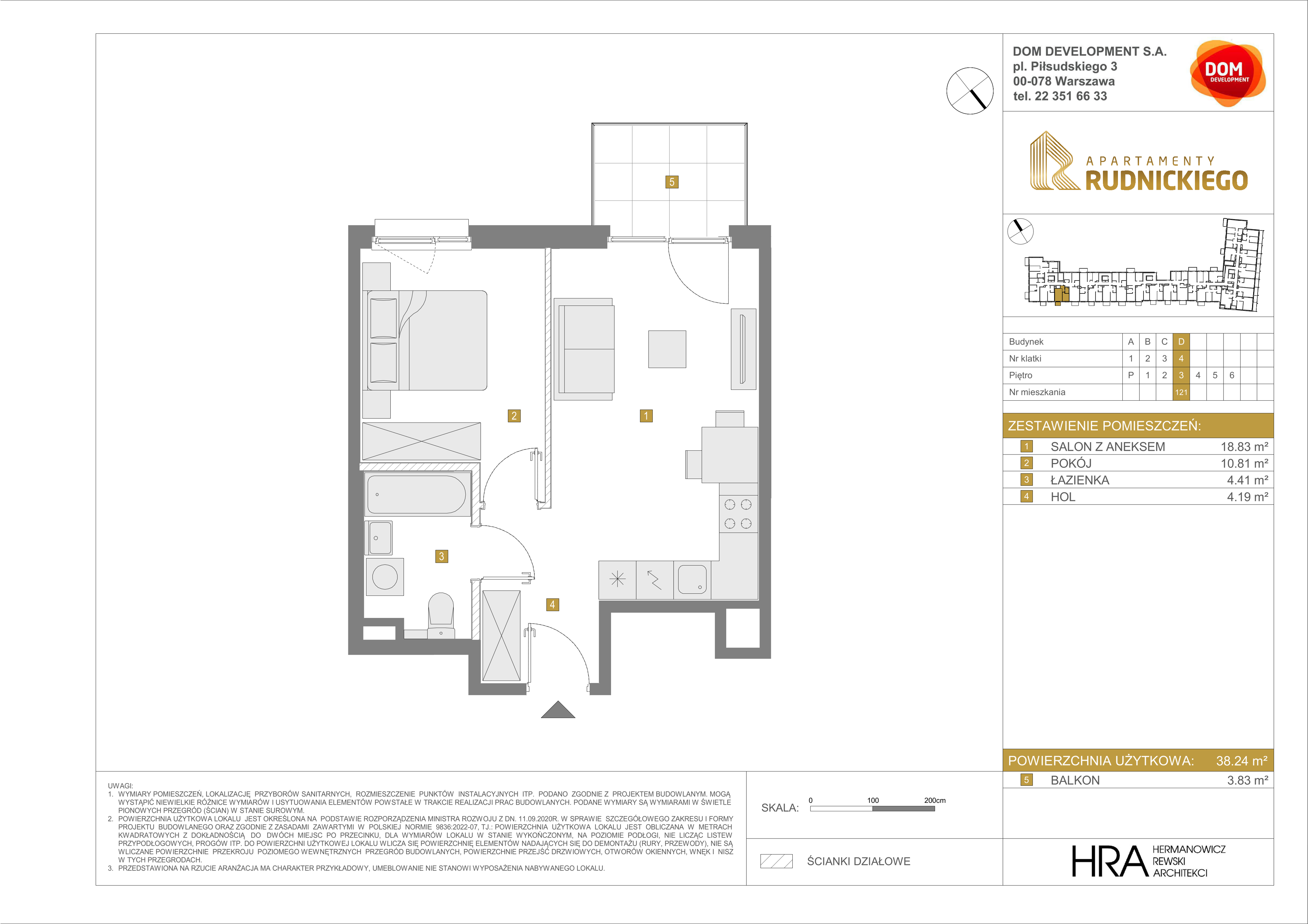 Mieszkanie 38,24 m², piętro 3, oferta nr D/121, Apartamenty Rudnickiego, Warszawa, Bielany, Piaski, ul. Rudnickiego 7-idx