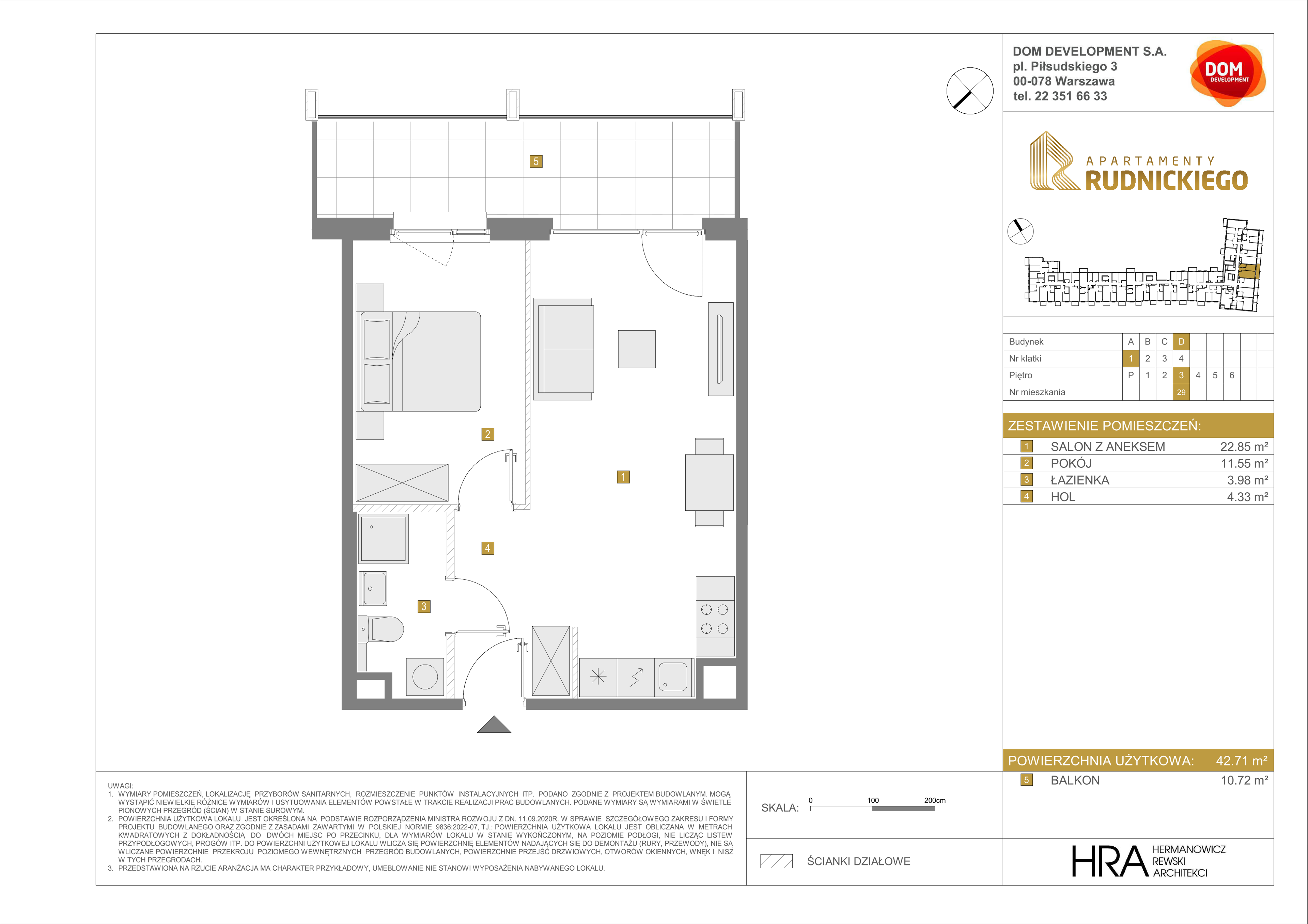 Mieszkanie 42,71 m², piętro 3, oferta nr D/29, Apartamenty Rudnickiego, Warszawa, Bielany, Piaski, ul. Rudnickiego 7-idx