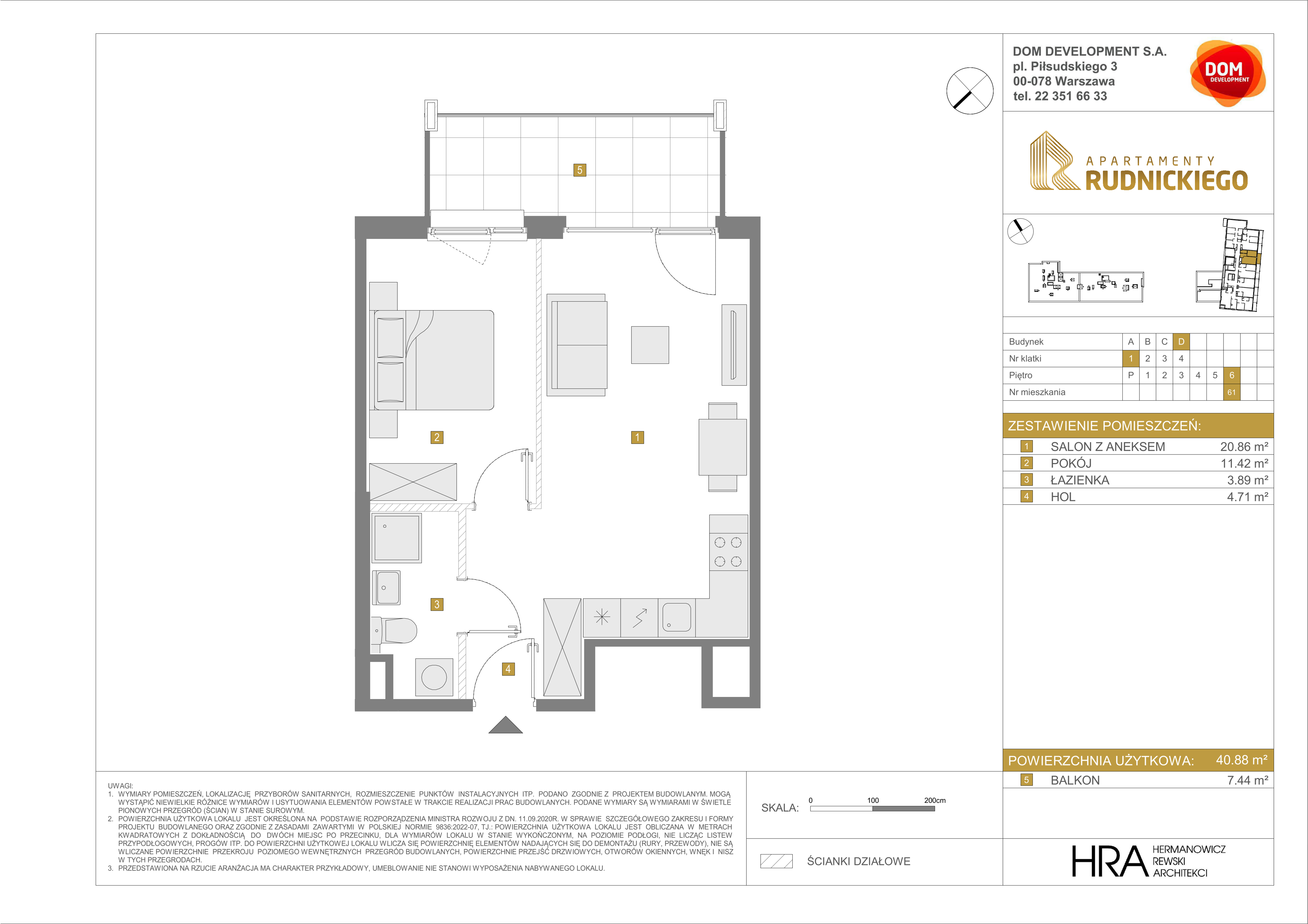 Mieszkanie 40,88 m², piętro 6, oferta nr D/61, Apartamenty Rudnickiego, Warszawa, Bielany, Piaski, ul. Rudnickiego 7-idx