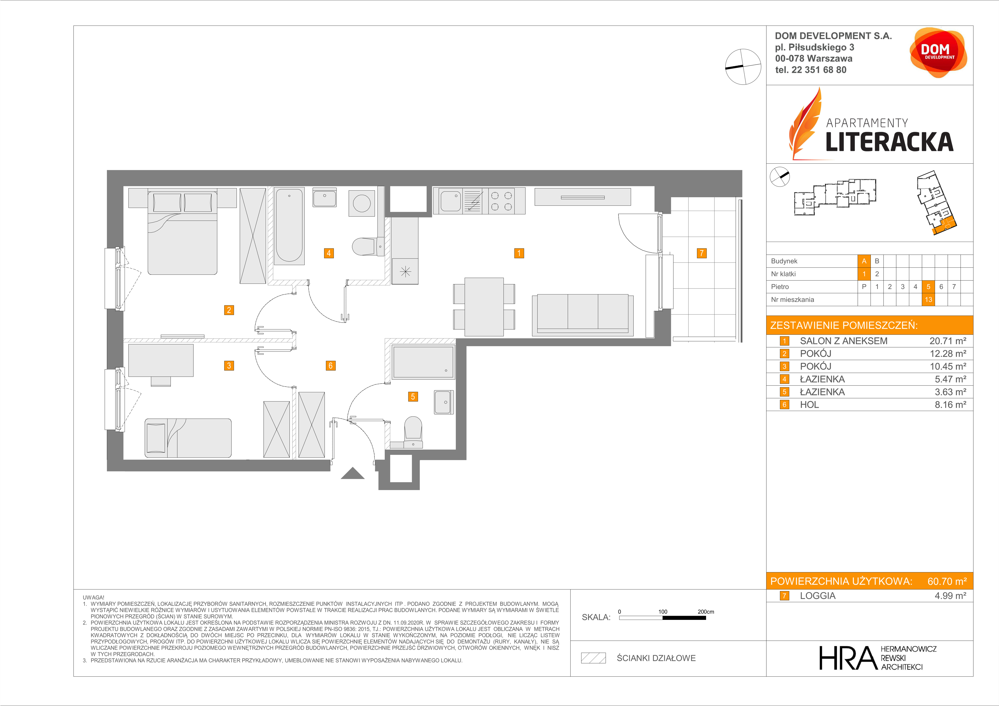 Mieszkanie 60,70 m², piętro 5, oferta nr A/13, Apartamenty Literacka, Warszawa, Bielany, Piaski, ul. Literacka-idx