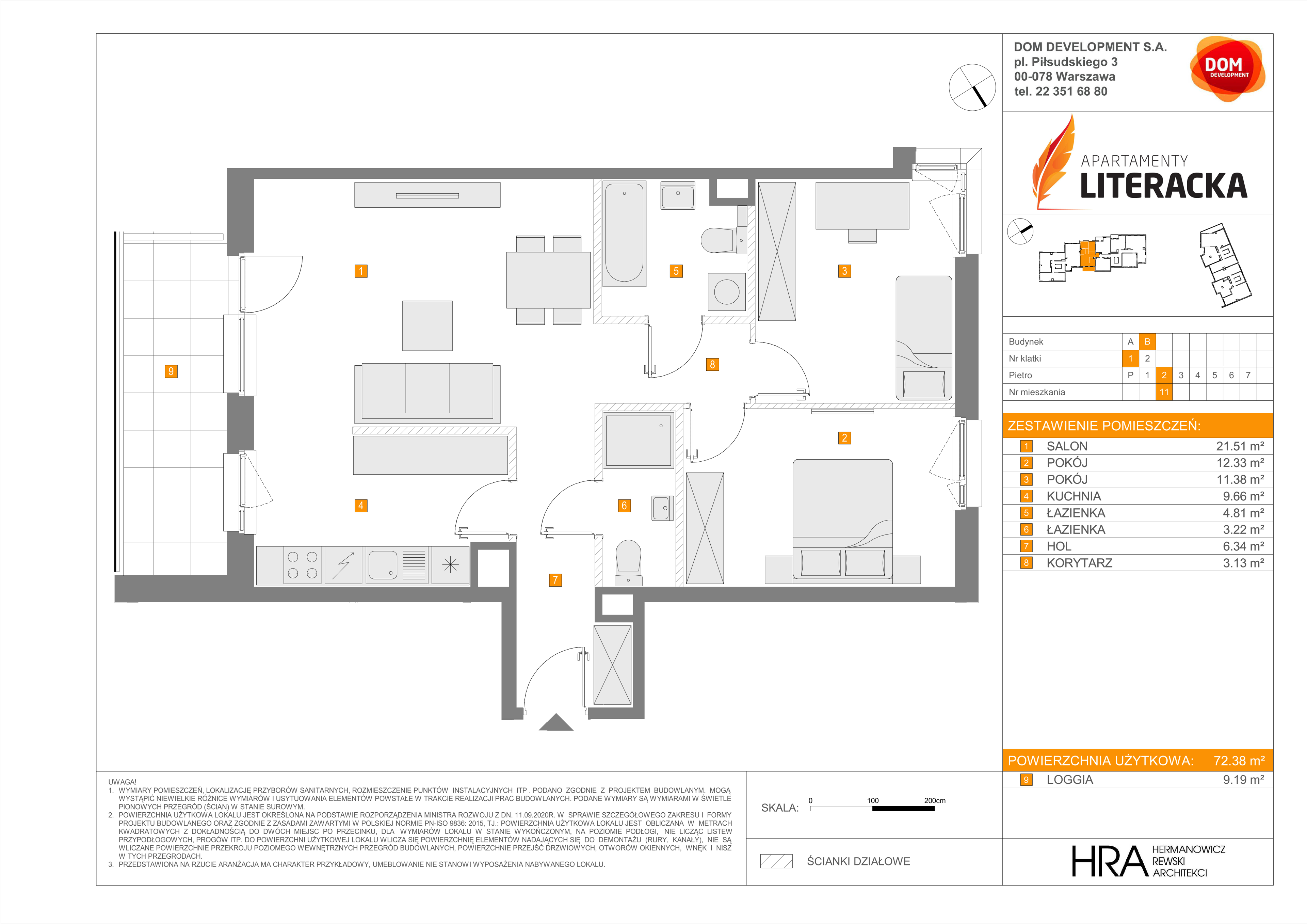 Mieszkanie 72,38 m², piętro 2, oferta nr B/11, Apartamenty Literacka, Warszawa, Bielany, Piaski, ul. Literacka-idx