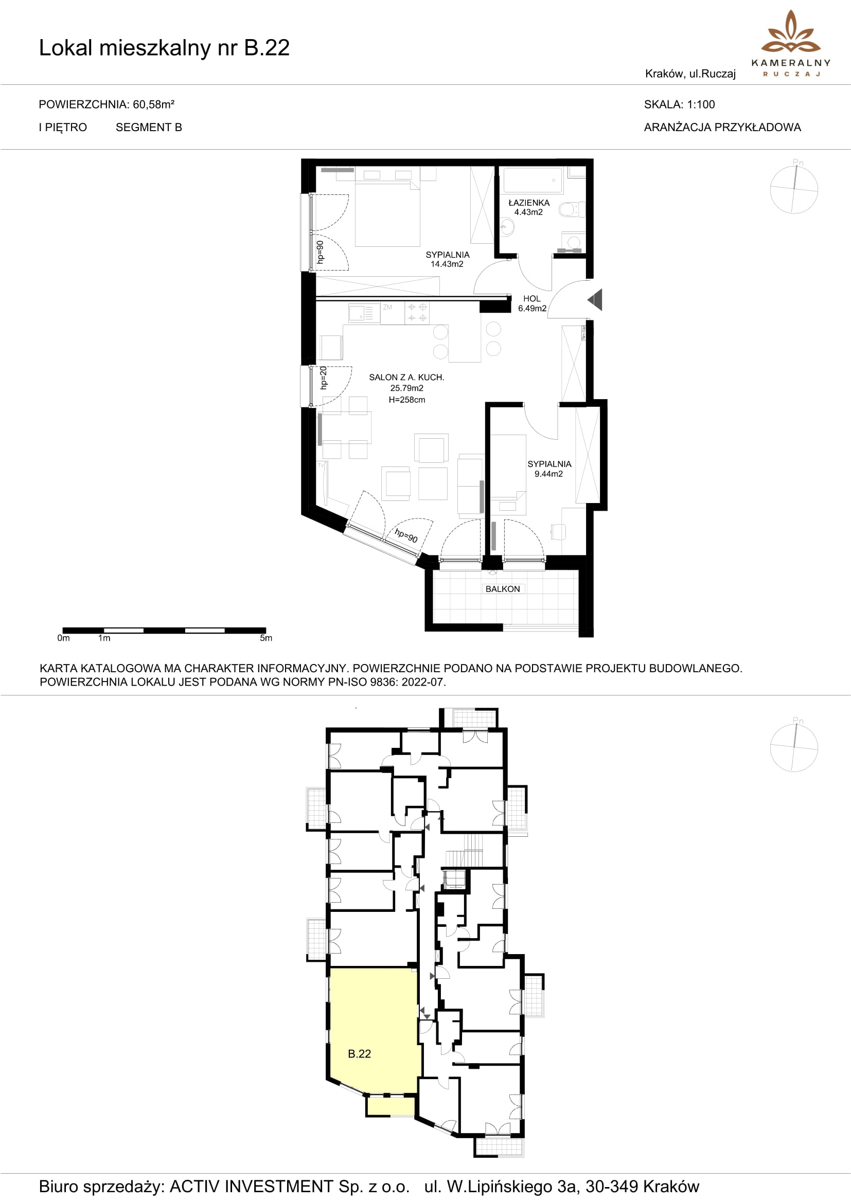 Mieszkanie 60,58 m², piętro 1, oferta nr B.22, Kameralny Ruczaj, Kraków, Dębniki, Osiedle Ruczaj-Zaborze, ul. Ruczaj-idx