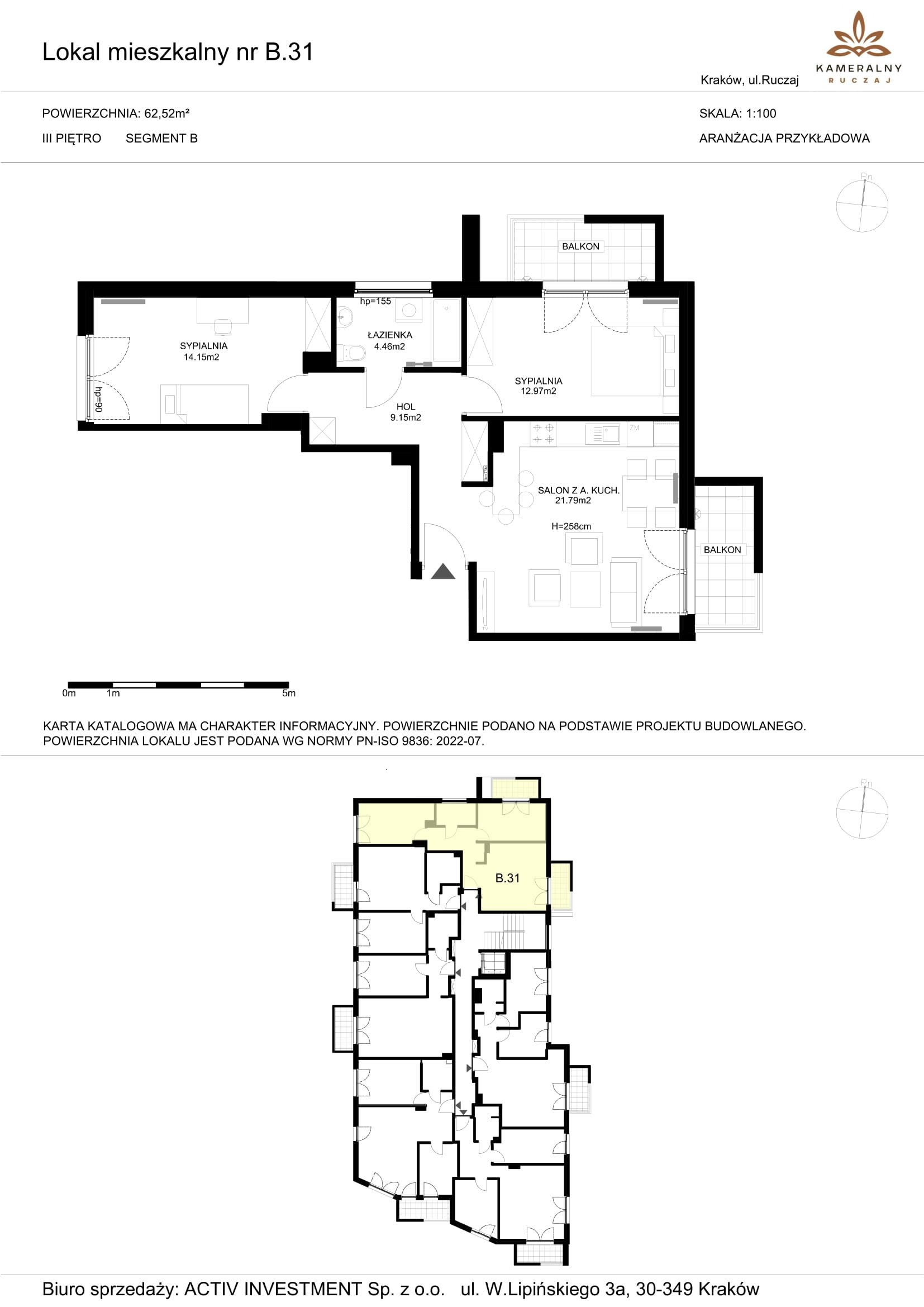 Mieszkanie 62,52 m², piętro 3, oferta nr B.31, Kameralny Ruczaj, Kraków, Dębniki, Osiedle Ruczaj-Zaborze, ul. Ruczaj-idx