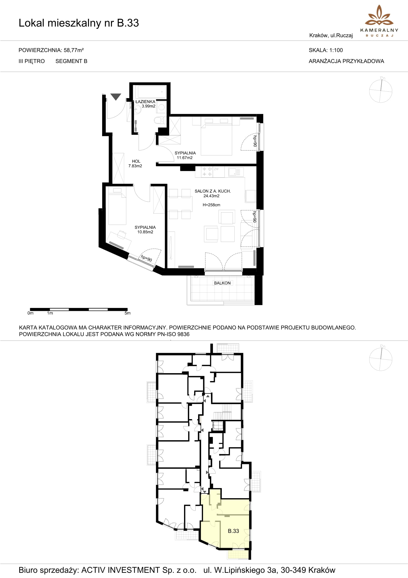 Mieszkanie 58,77 m², piętro 3, oferta nr B.33, Kameralny Ruczaj, Kraków, Dębniki, Osiedle Ruczaj-Zaborze, ul. Ruczaj-idx