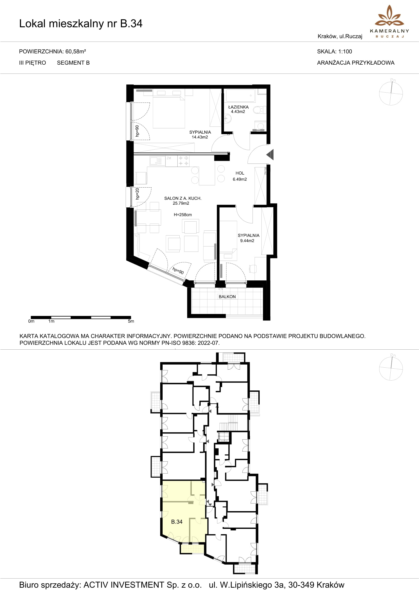 Mieszkanie 60,58 m², piętro 3, oferta nr B.34, Kameralny Ruczaj, Kraków, Dębniki, Osiedle Ruczaj-Zaborze, ul. Ruczaj-idx