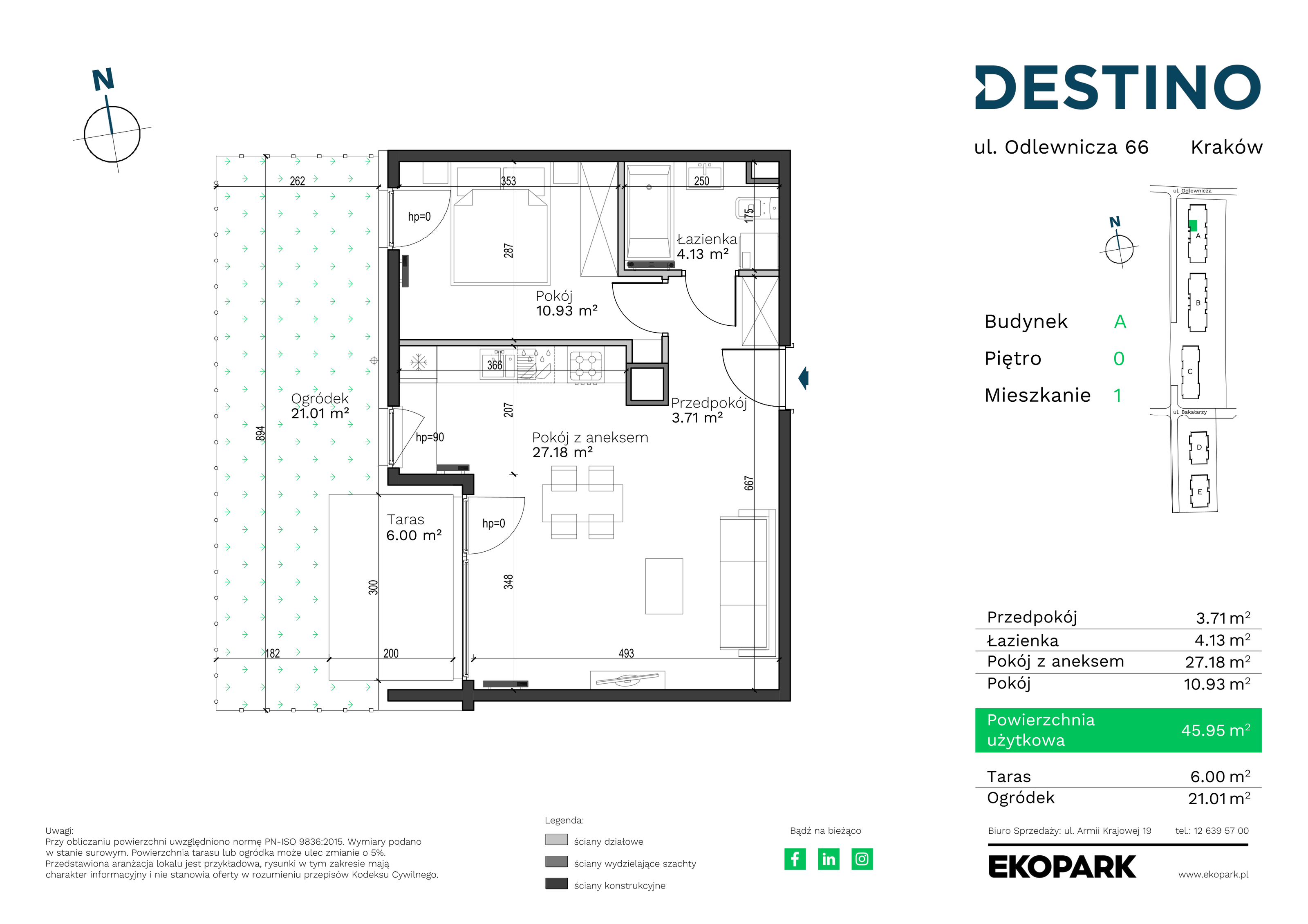 Mieszkanie 45,95 m², parter, oferta nr A-1, Destino, Kraków, Bronowice, Bronowice Małe, ul. Odlewnicza-idx