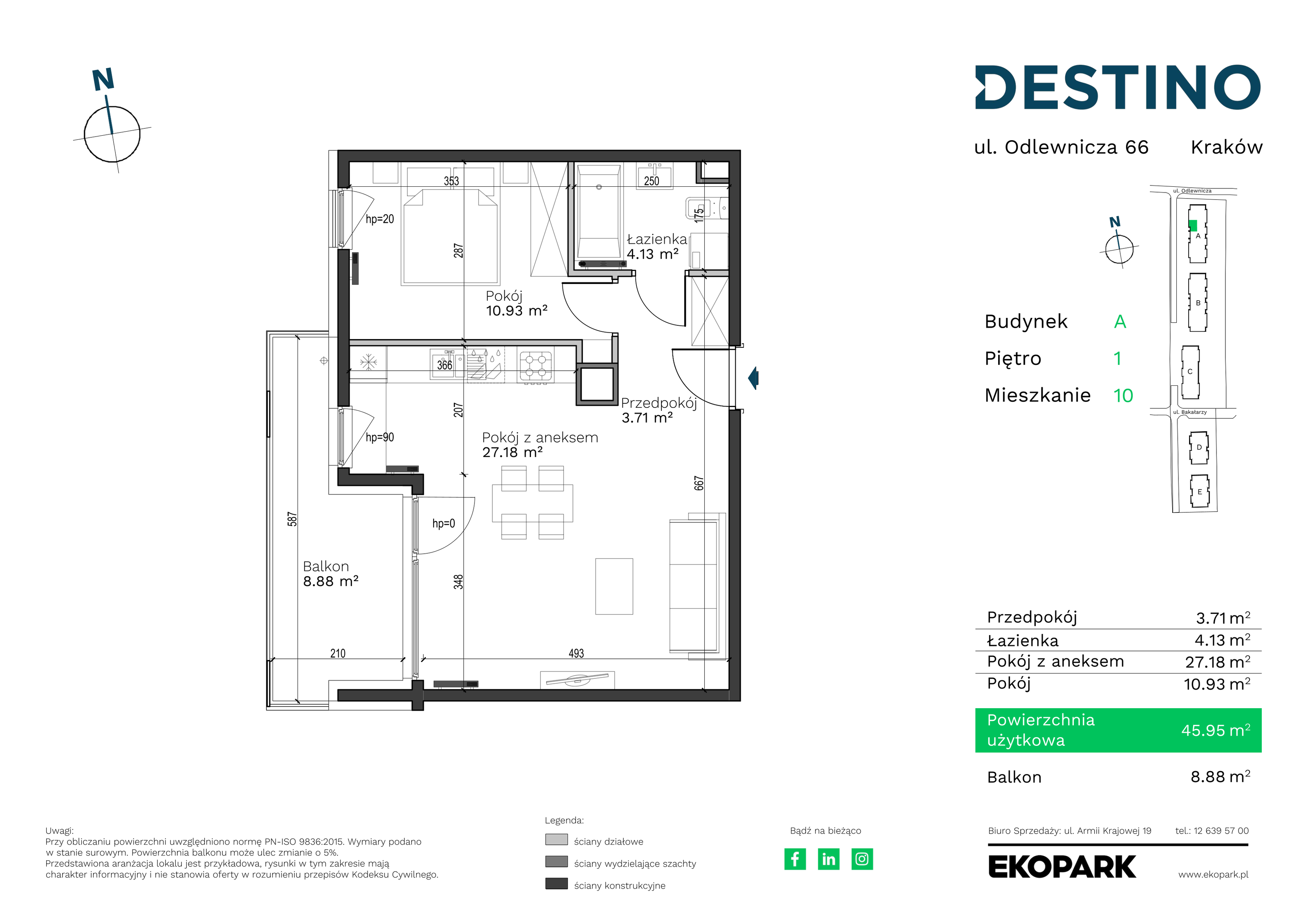 Mieszkanie 45,95 m², piętro 1, oferta nr A-10, Destino, Kraków, Bronowice, Bronowice Małe, ul. Odlewnicza-idx