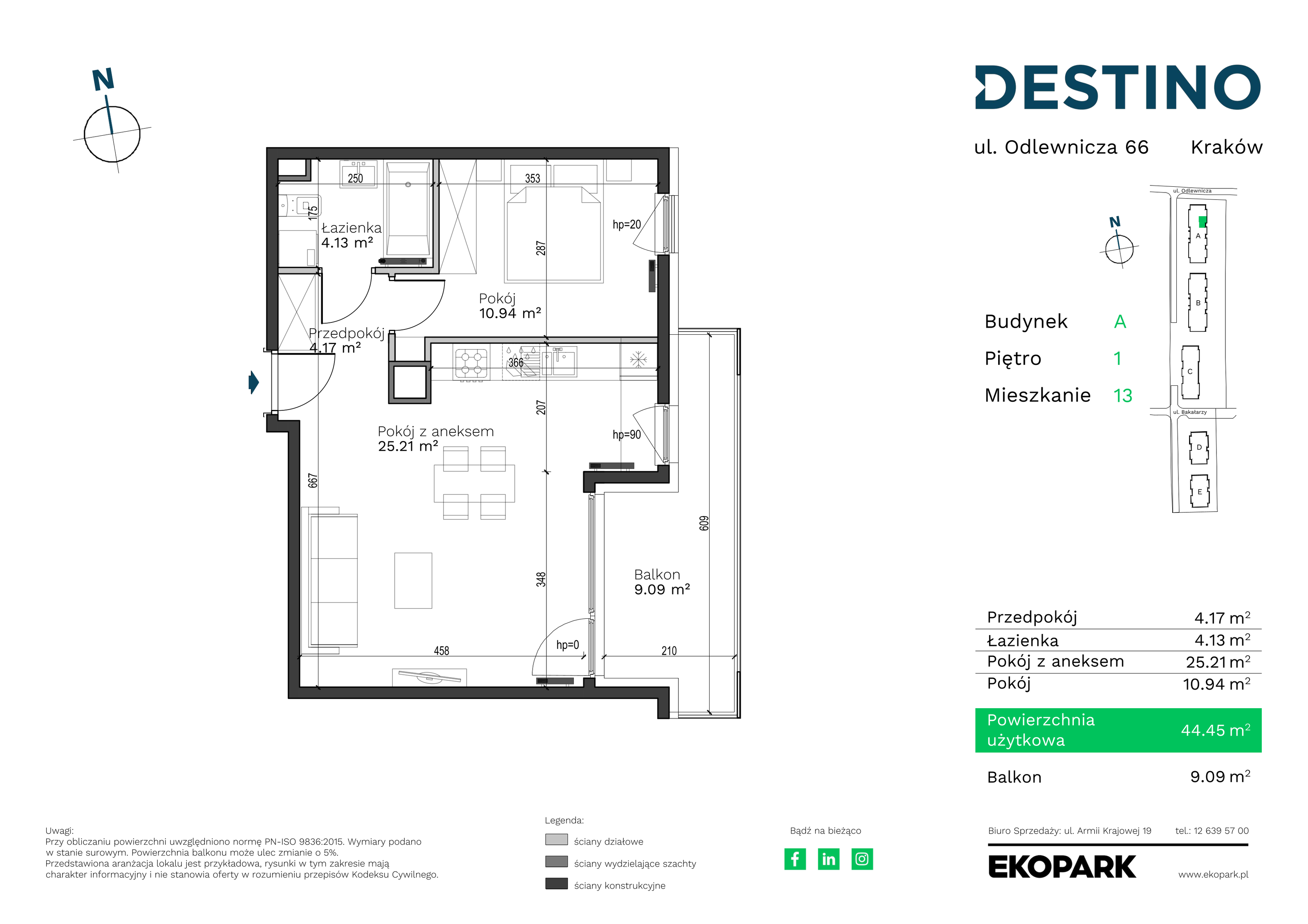 Mieszkanie 44,45 m², piętro 1, oferta nr A-13, Destino, Kraków, Bronowice, Bronowice Małe, ul. Odlewnicza-idx