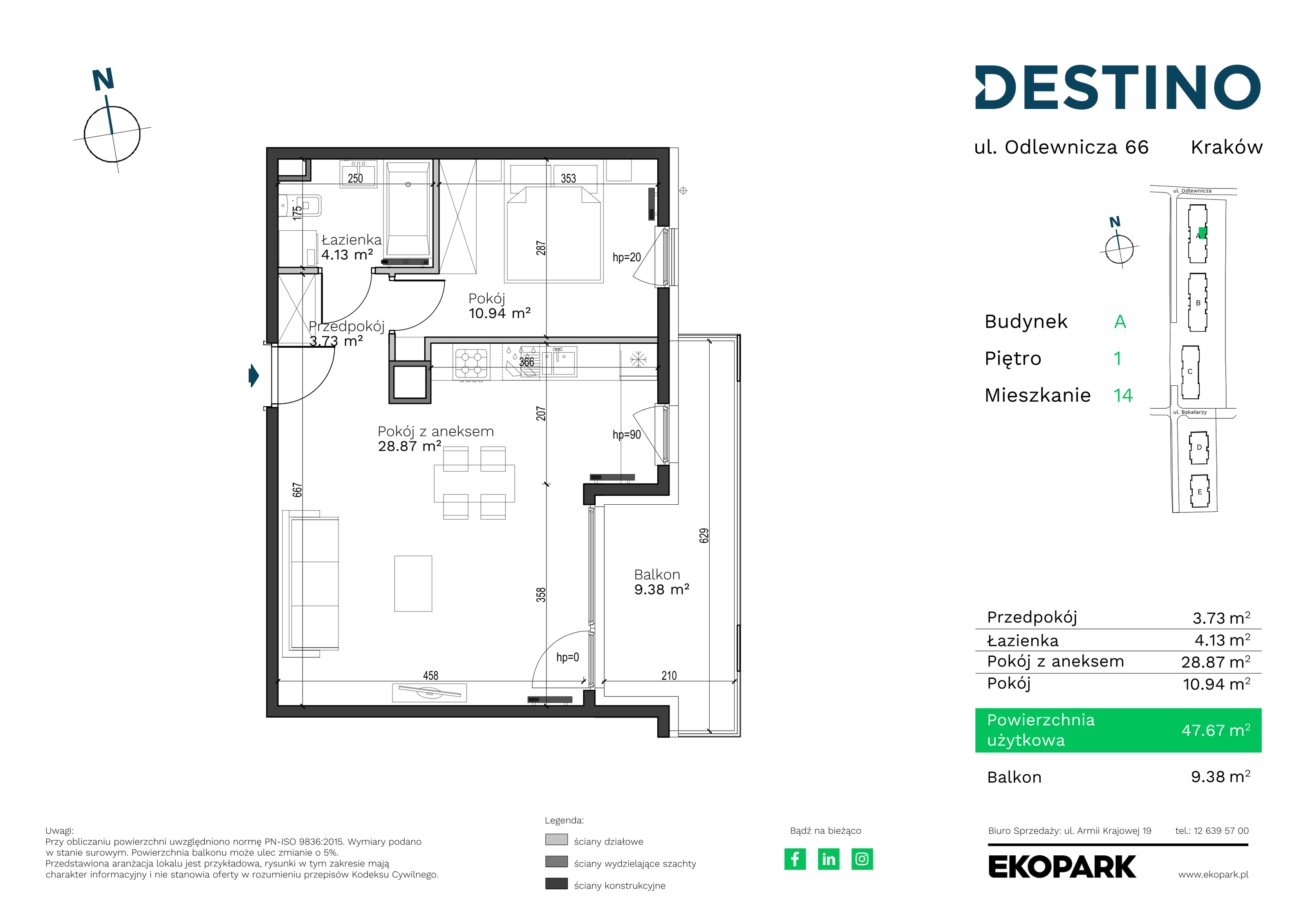 Mieszkanie 47,67 m², piętro 1, oferta nr A-14, Destino, Kraków, Bronowice, Bronowice Małe, ul. Odlewnicza-idx