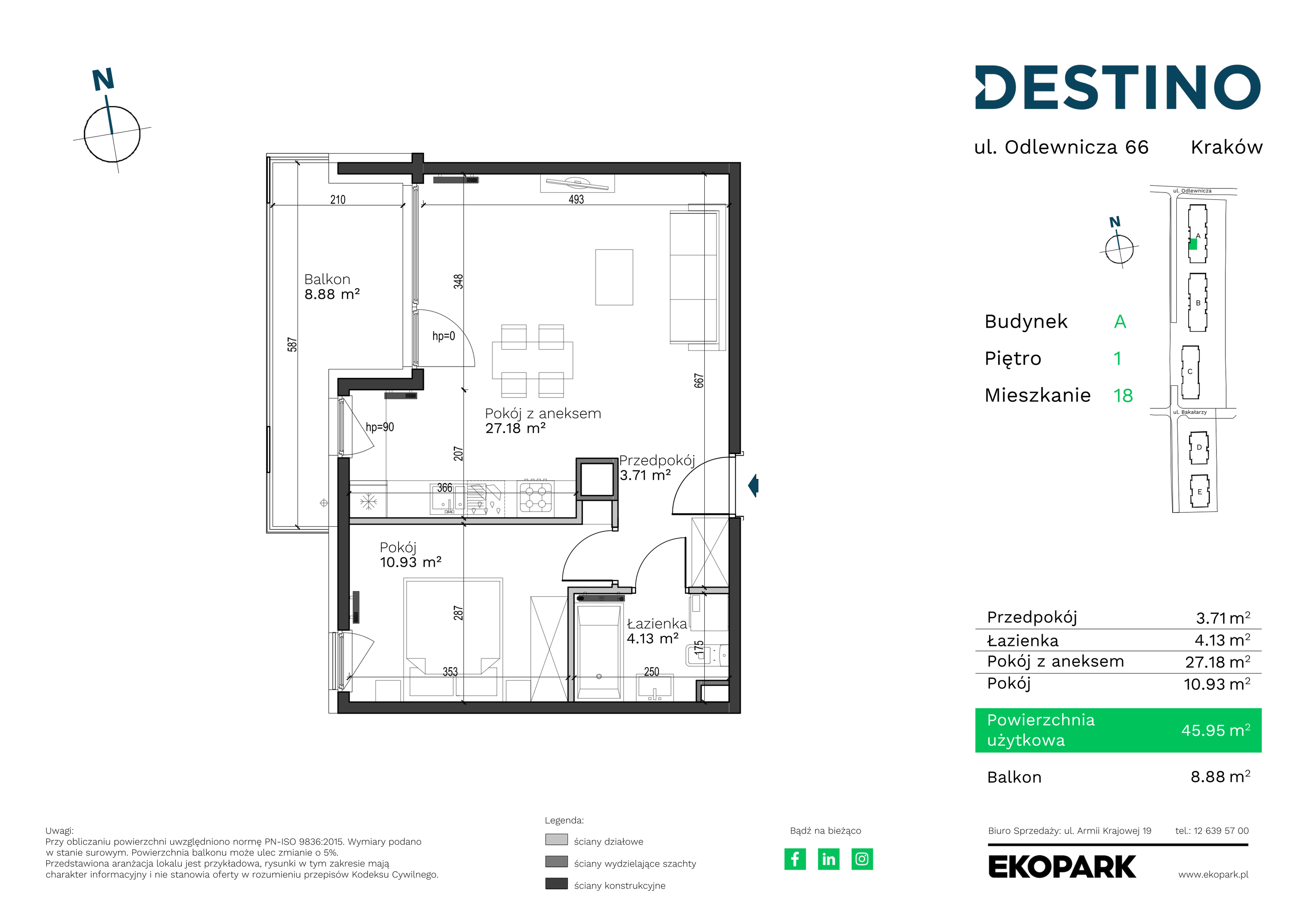 Mieszkanie 45,95 m², piętro 1, oferta nr A-18, Destino, Kraków, Bronowice, Bronowice Małe, ul. Odlewnicza-idx