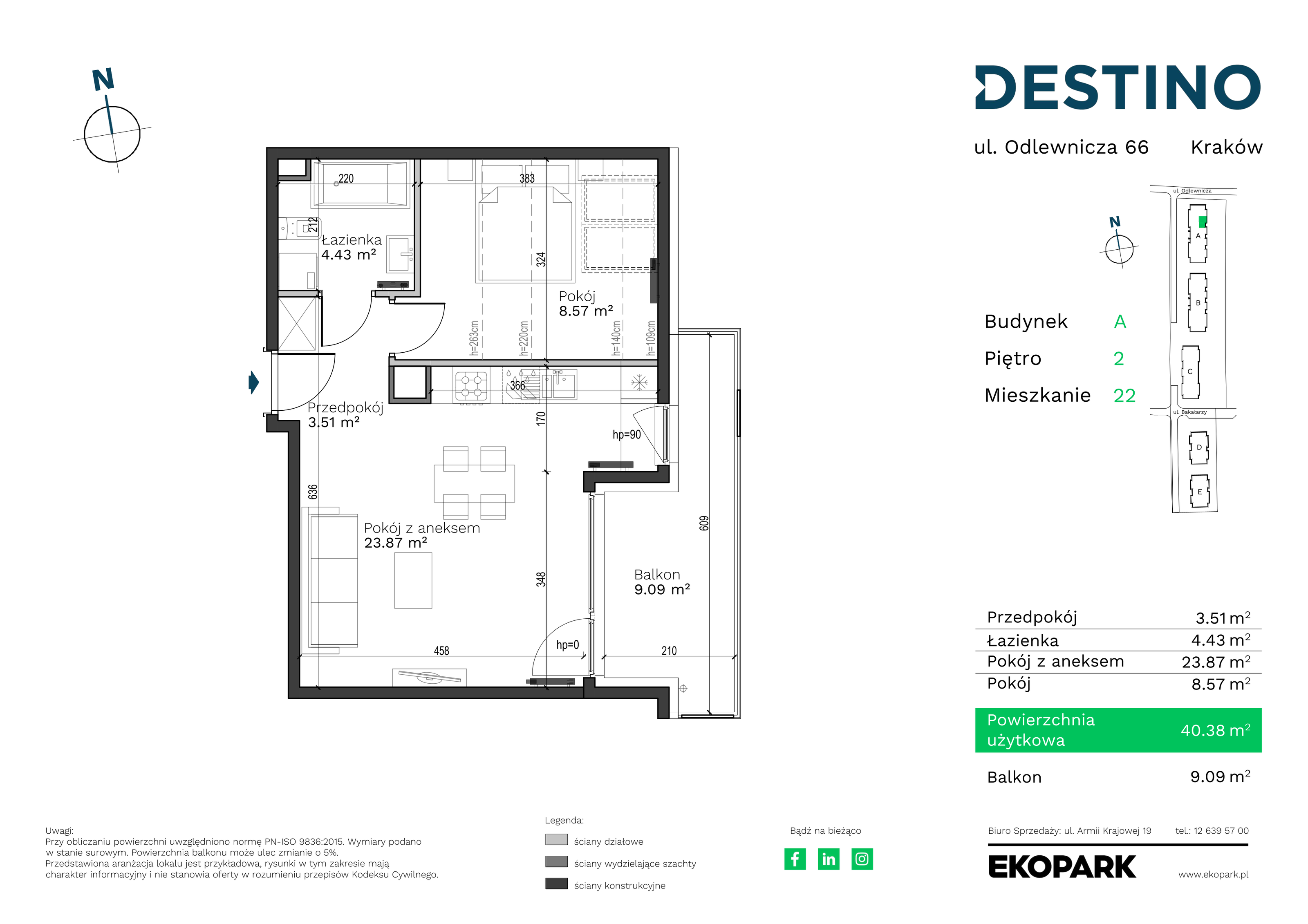 Mieszkanie 40,38 m², piętro 2, oferta nr A-22, Destino, Kraków, Bronowice, Bronowice Małe, ul. Odlewnicza-idx