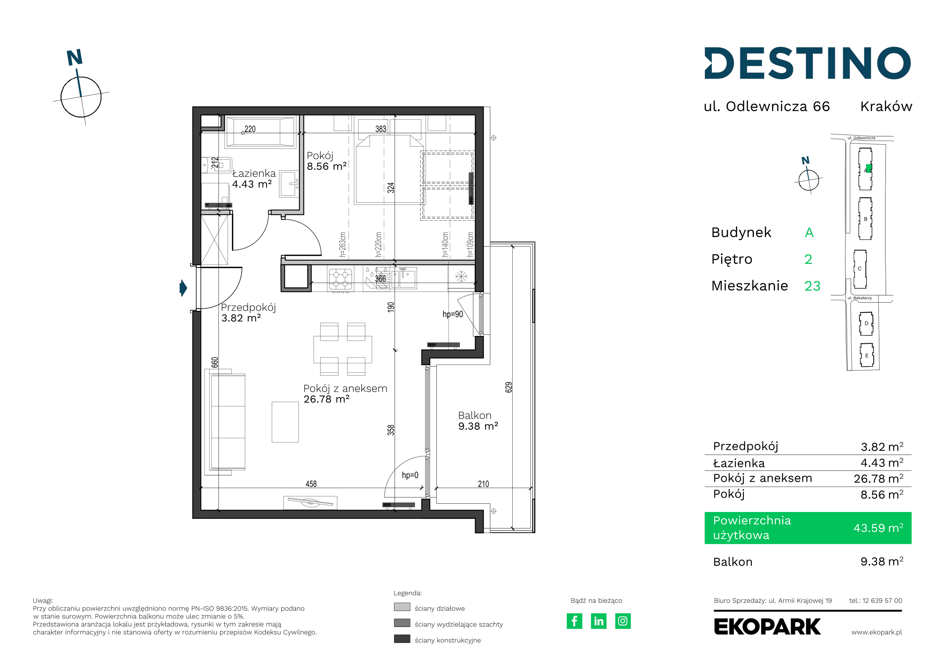 Mieszkanie 43,59 m², piętro 2, oferta nr A-23, Destino, Kraków, Bronowice, Bronowice Małe, ul. Odlewnicza-idx