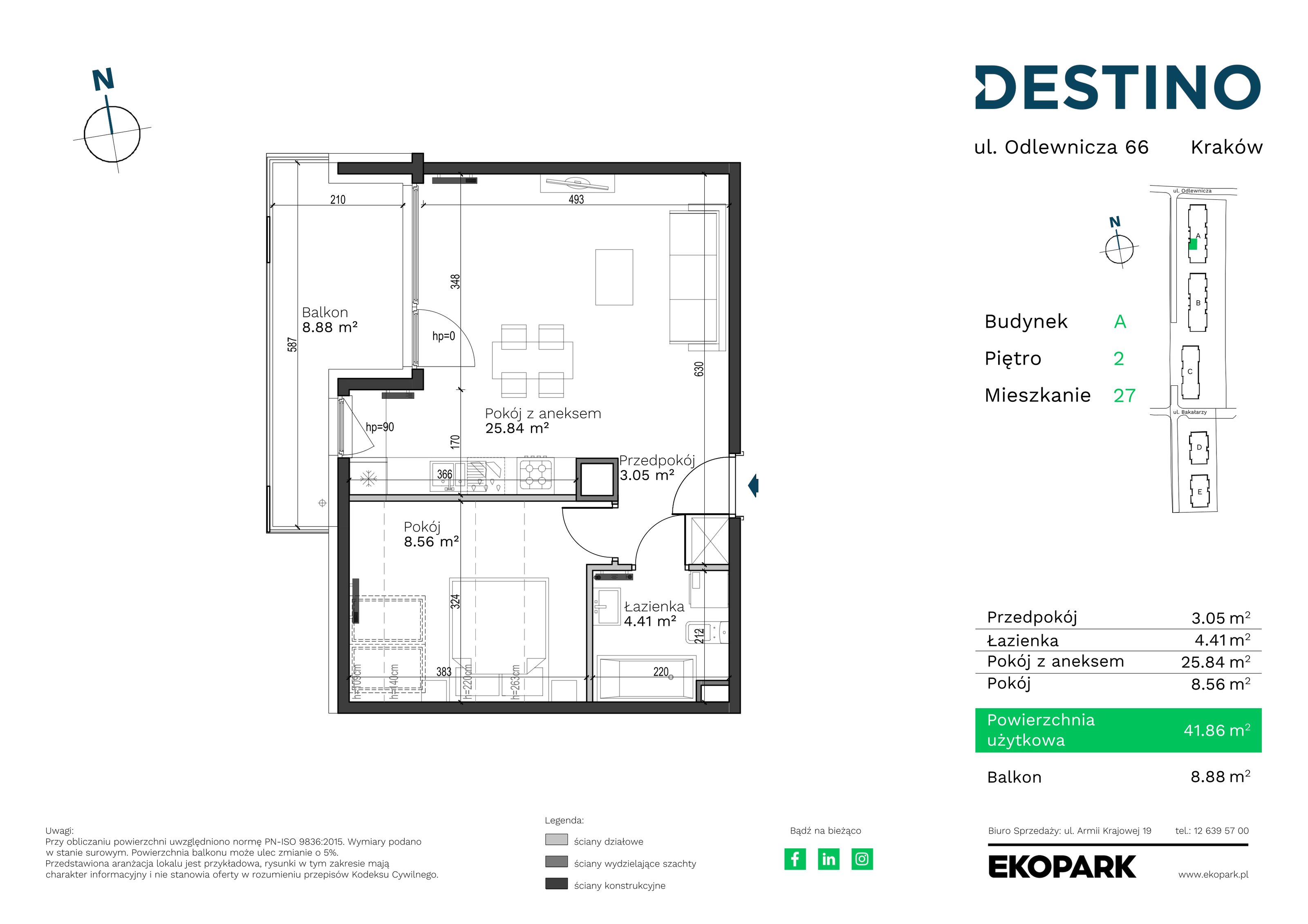 Mieszkanie 41,86 m², piętro 2, oferta nr A-27, Destino, Kraków, Bronowice, Bronowice Małe, ul. Odlewnicza-idx