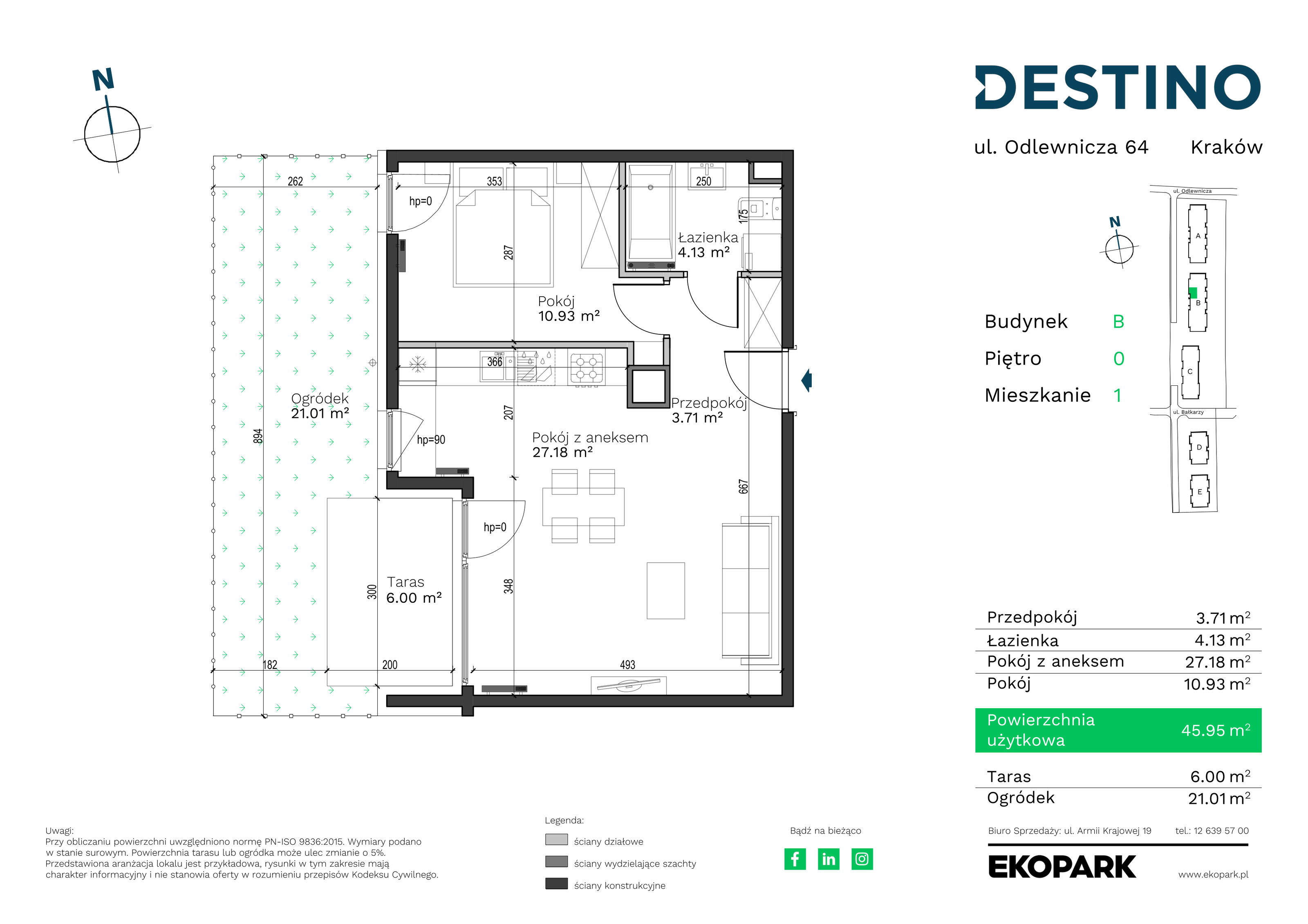 Mieszkanie 45,95 m², parter, oferta nr B-1, Destino, Kraków, Bronowice, Bronowice Małe, ul. Odlewnicza-idx