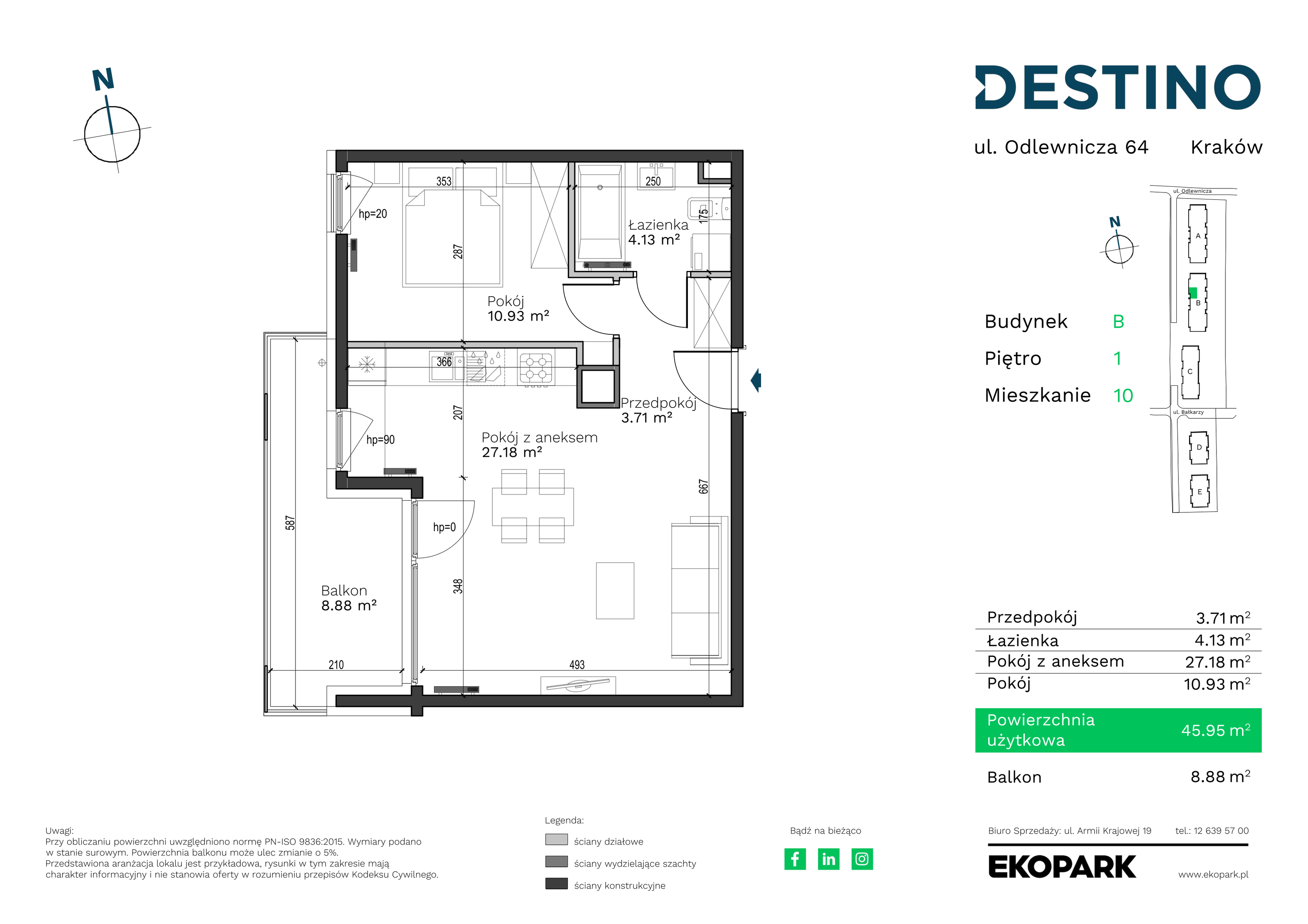 Mieszkanie 45,95 m², piętro 1, oferta nr B-10, Destino, Kraków, Bronowice, Bronowice Małe, ul. Odlewnicza-idx