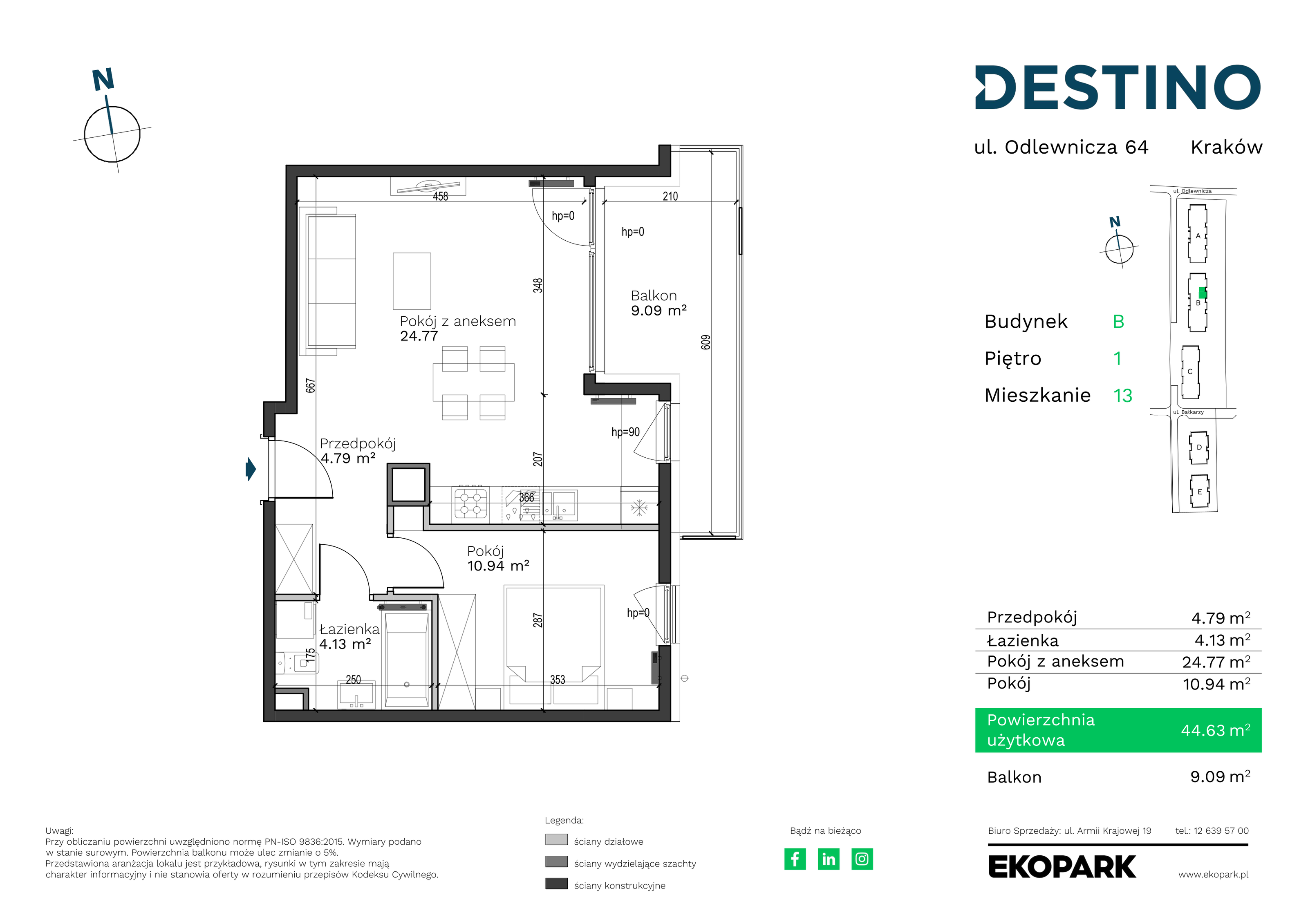 Mieszkanie 44,63 m², piętro 1, oferta nr B-13, Destino, Kraków, Bronowice, Bronowice Małe, ul. Odlewnicza-idx