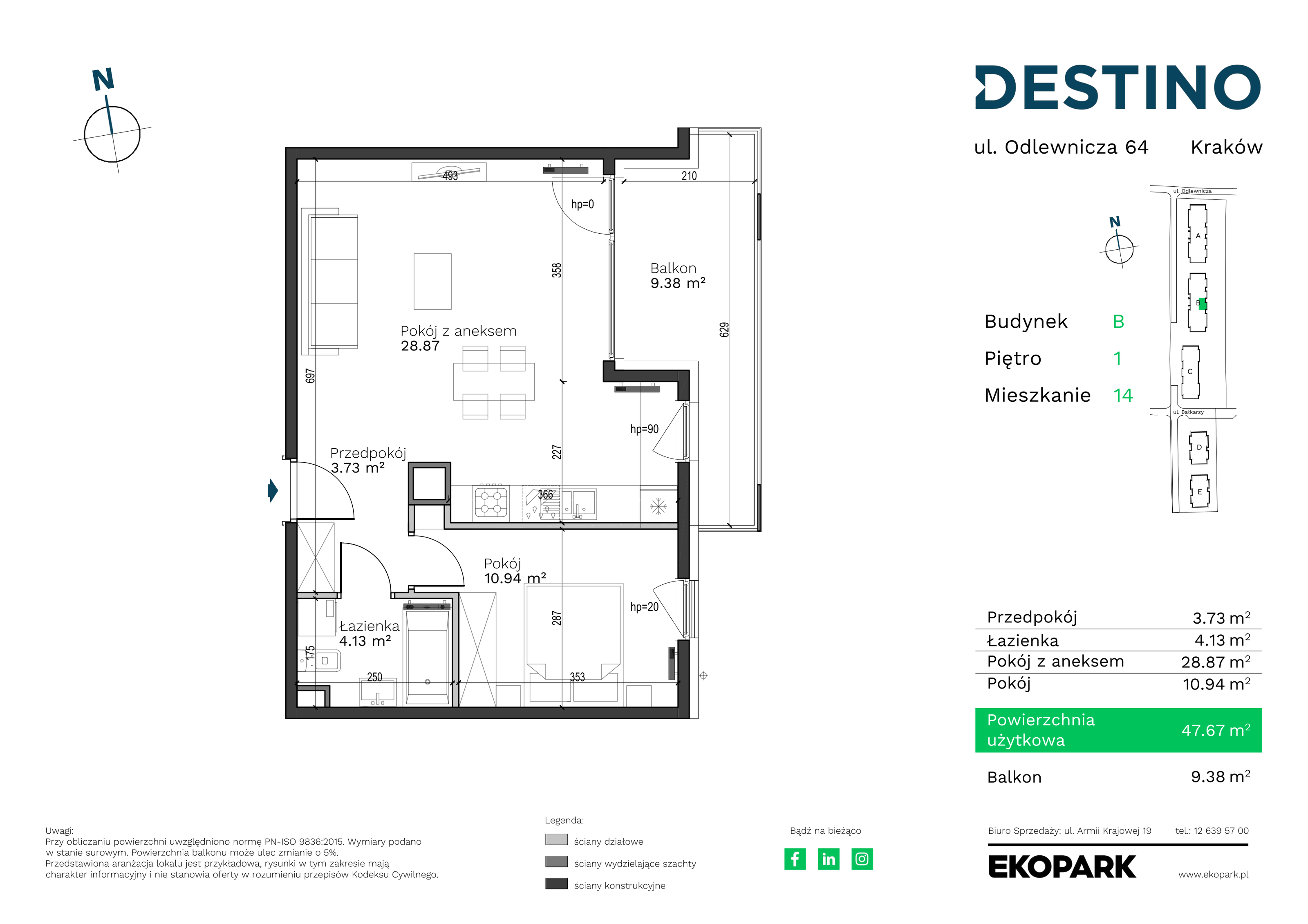 Mieszkanie 47,67 m², piętro 1, oferta nr B-14, Destino, Kraków, Bronowice, Bronowice Małe, ul. Odlewnicza-idx