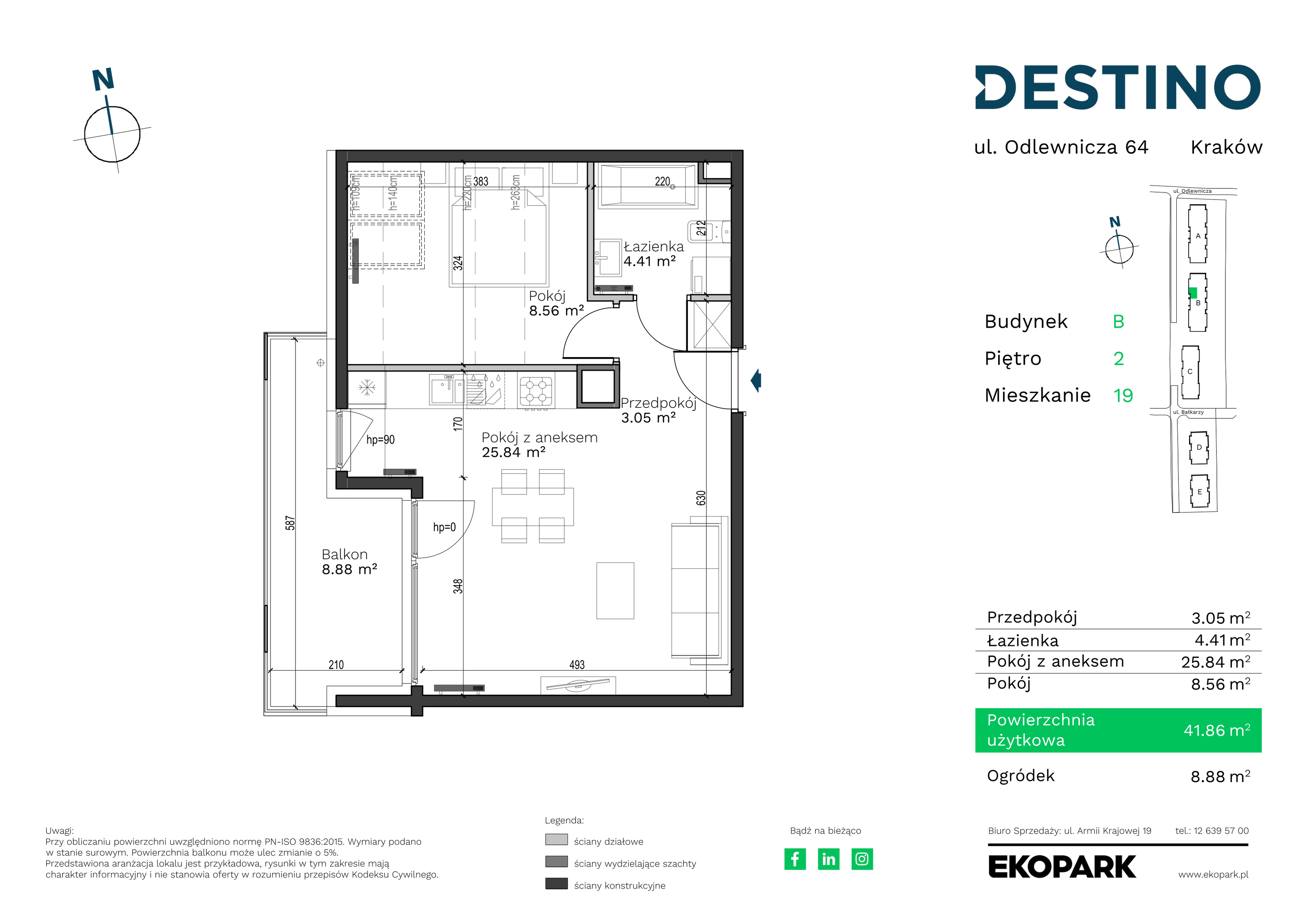 Mieszkanie 41,86 m², piętro 2, oferta nr B-19, Destino, Kraków, Bronowice, Bronowice Małe, ul. Odlewnicza-idx