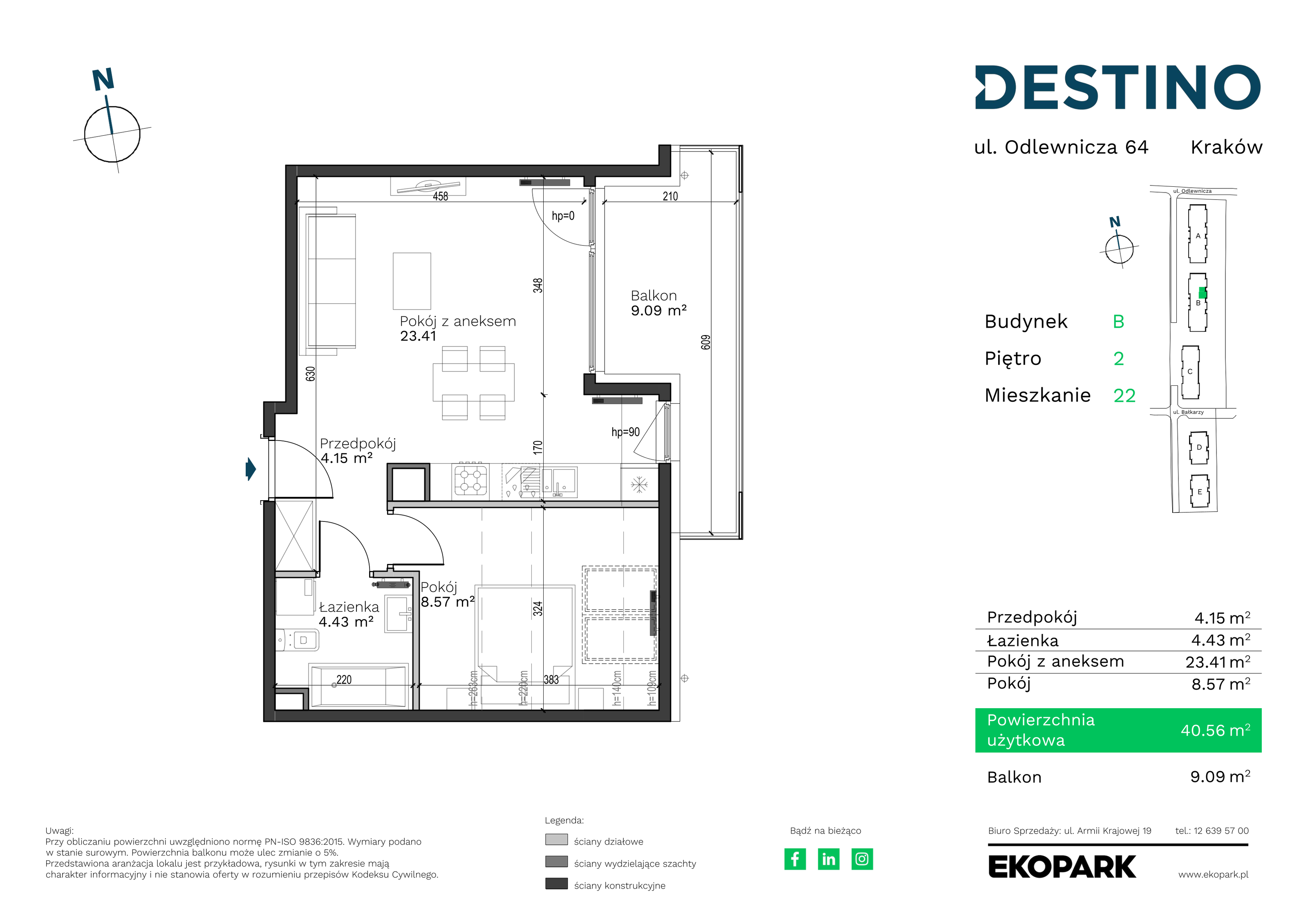 Mieszkanie 40,56 m², piętro 2, oferta nr B-22, Destino, Kraków, Bronowice, Bronowice Małe, ul. Odlewnicza-idx