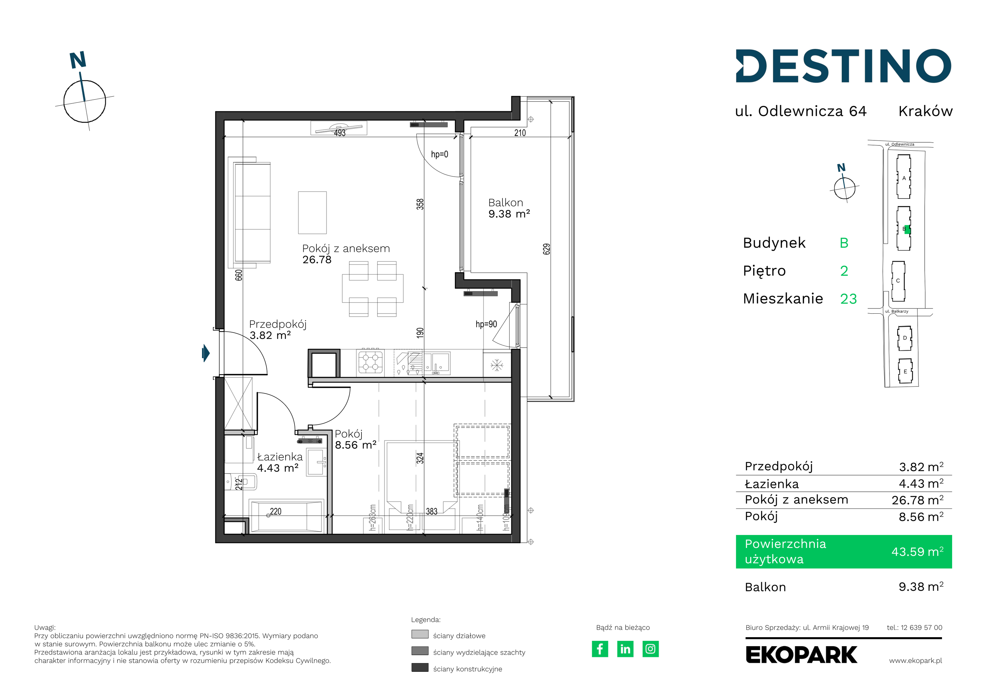 Mieszkanie 43,59 m², piętro 2, oferta nr B-23, Destino, Kraków, Bronowice, Bronowice Małe, ul. Odlewnicza-idx