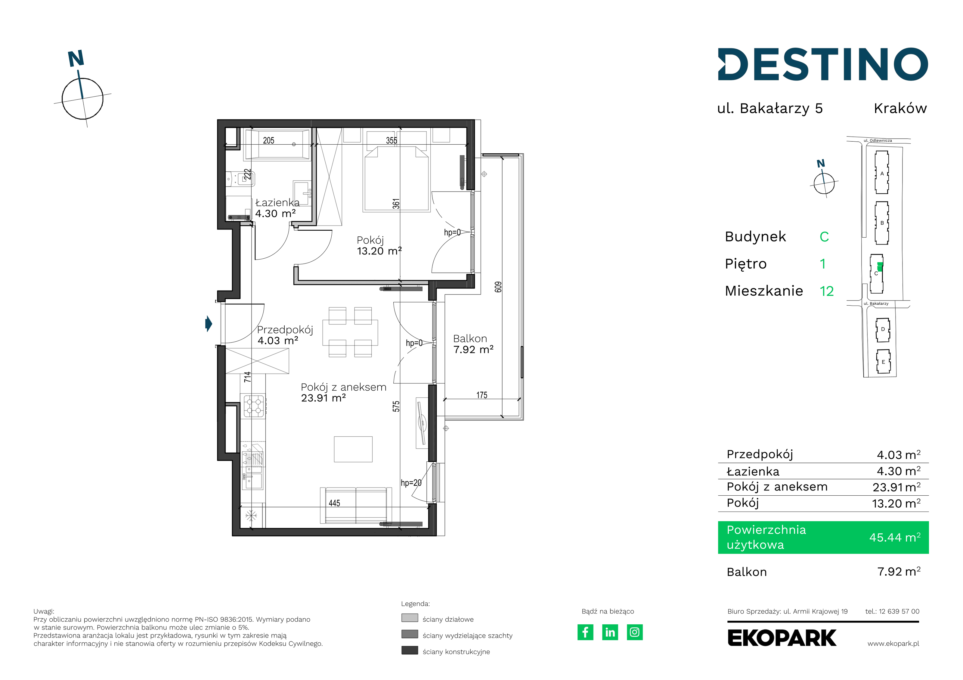 Mieszkanie 45,44 m², piętro 1, oferta nr C-12, Destino, Kraków, Bronowice, Bronowice Małe, ul. Odlewnicza-idx