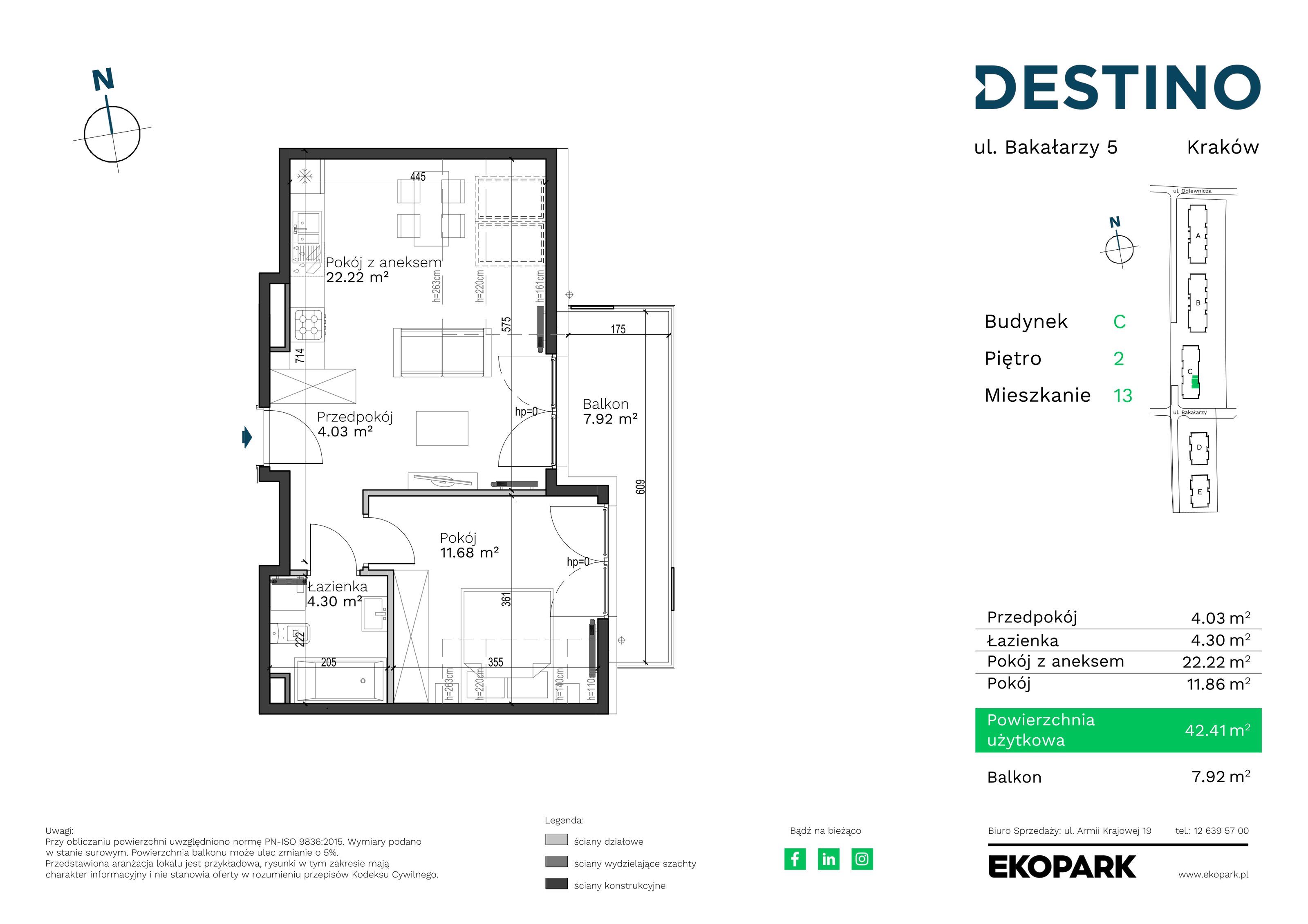 Mieszkanie 42,41 m², piętro 2, oferta nr C-13, Destino, Kraków, Bronowice, Bronowice Małe, ul. Odlewnicza-idx