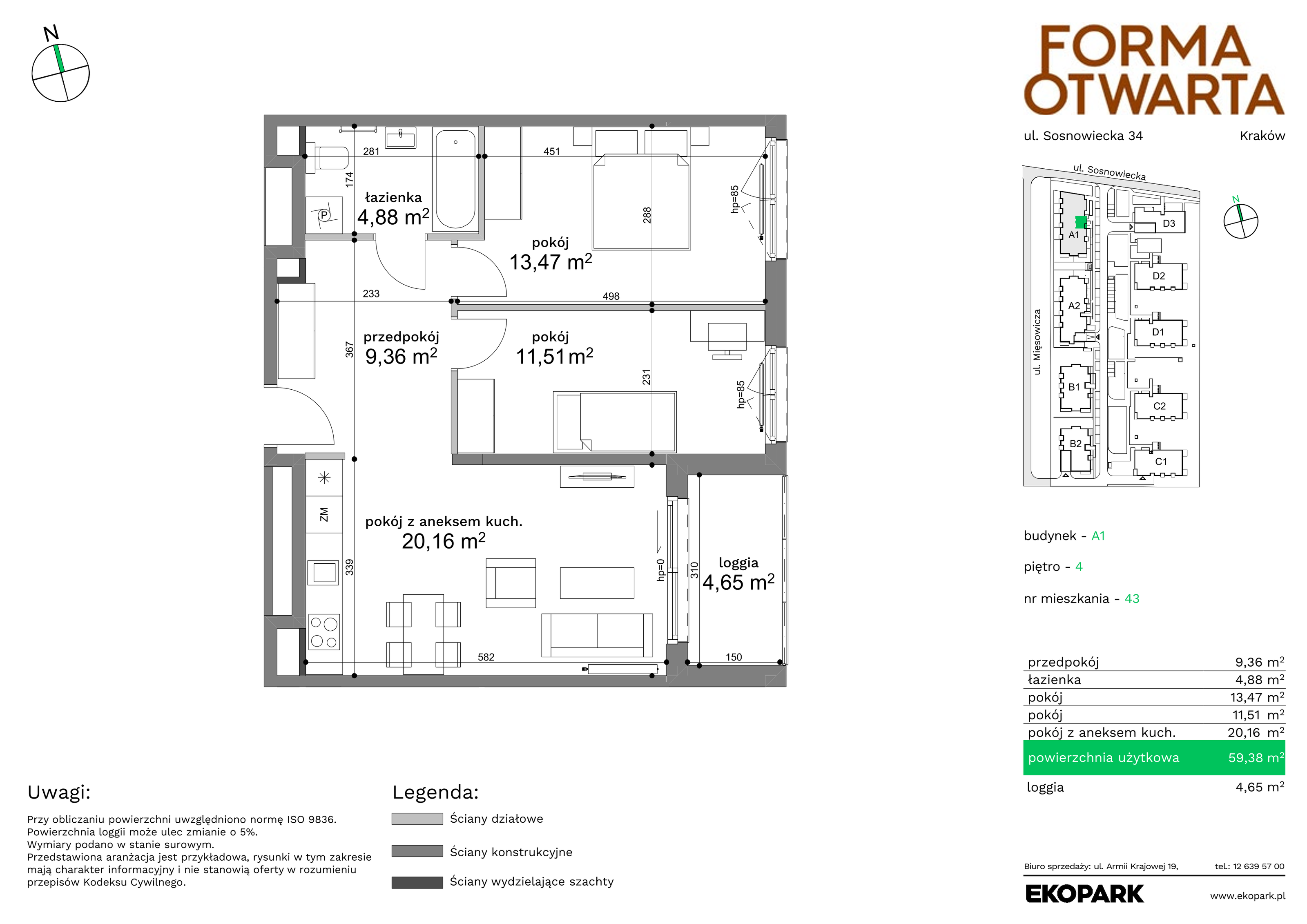 Mieszkanie 59,38 m², piętro 4, oferta nr A1-43, Forma Otwarta, Kraków, Bronowice, Bronowice Wielkie, ul. Sosnowiecka-idx