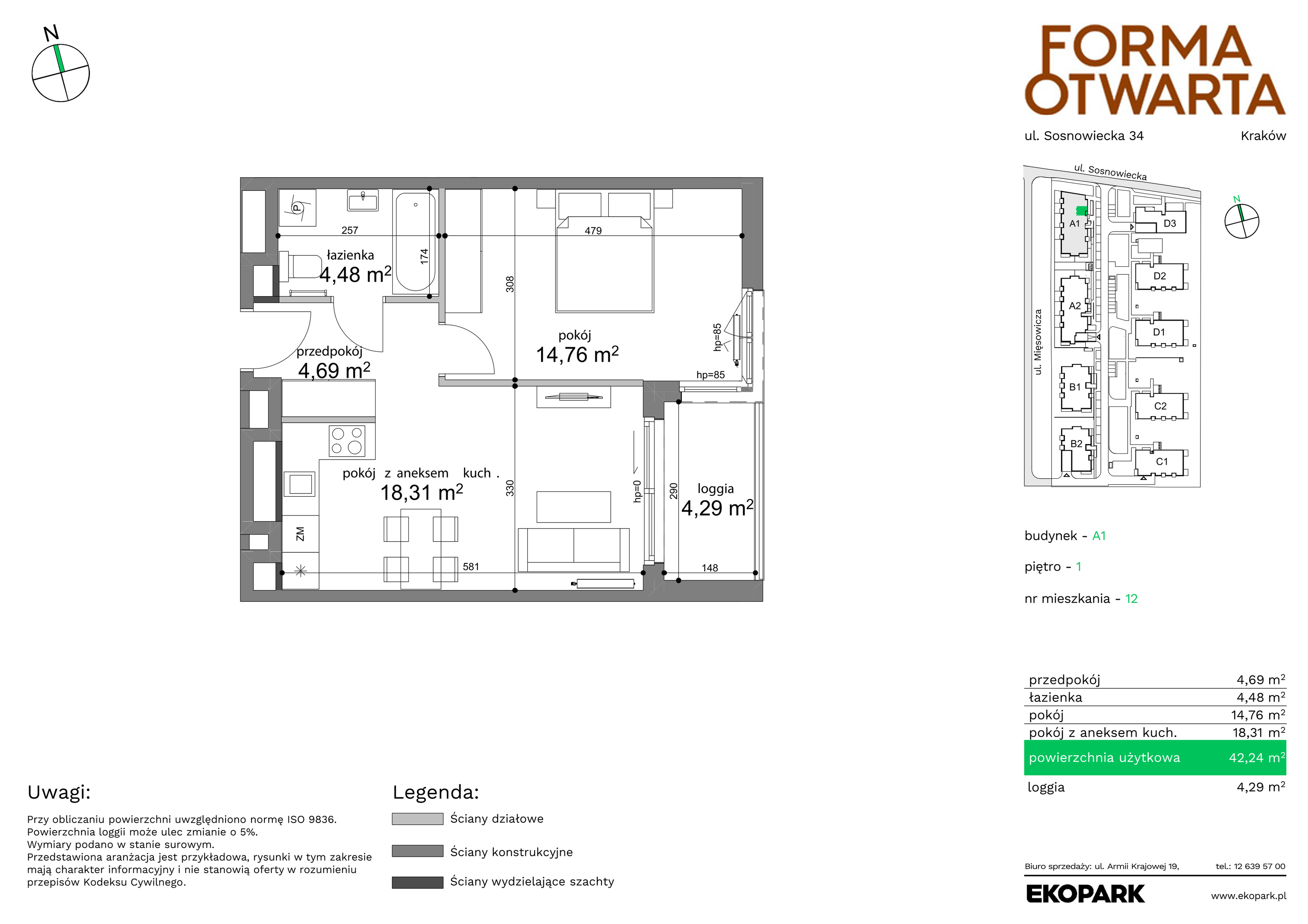 Mieszkanie 42,24 m², piętro 1, oferta nr A1-12, Forma Otwarta, Kraków, Bronowice, Bronowice Wielkie, ul. Sosnowiecka-idx