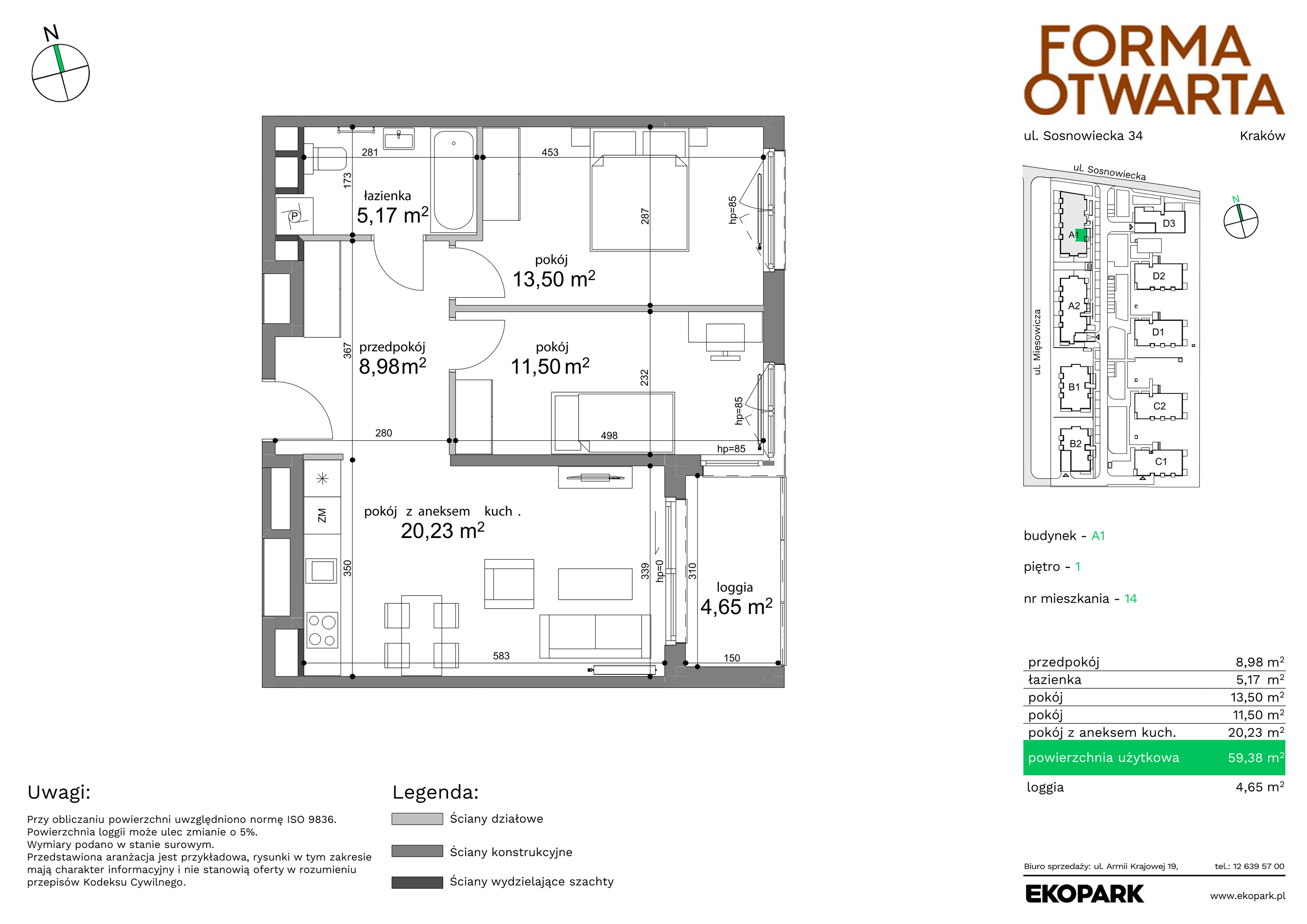 Mieszkanie 59,38 m², piętro 1, oferta nr A1-14, Forma Otwarta, Kraków, Bronowice, Bronowice Wielkie, ul. Sosnowiecka-idx