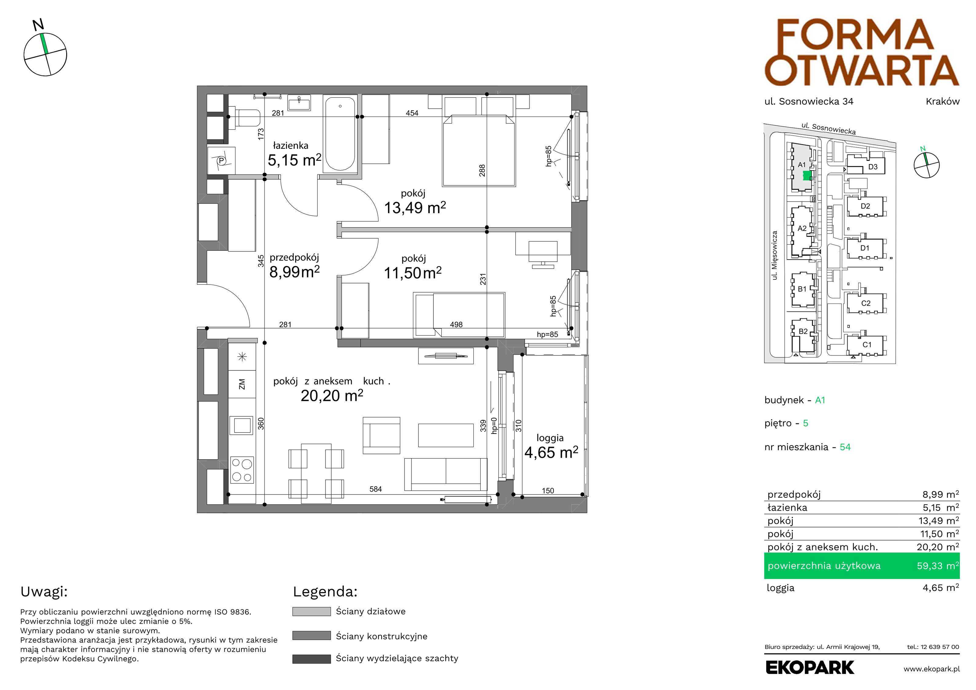 Mieszkanie 59,33 m², piętro 5, oferta nr A1-54, Forma Otwarta, Kraków, Bronowice, Bronowice Wielkie, ul. Sosnowiecka-idx